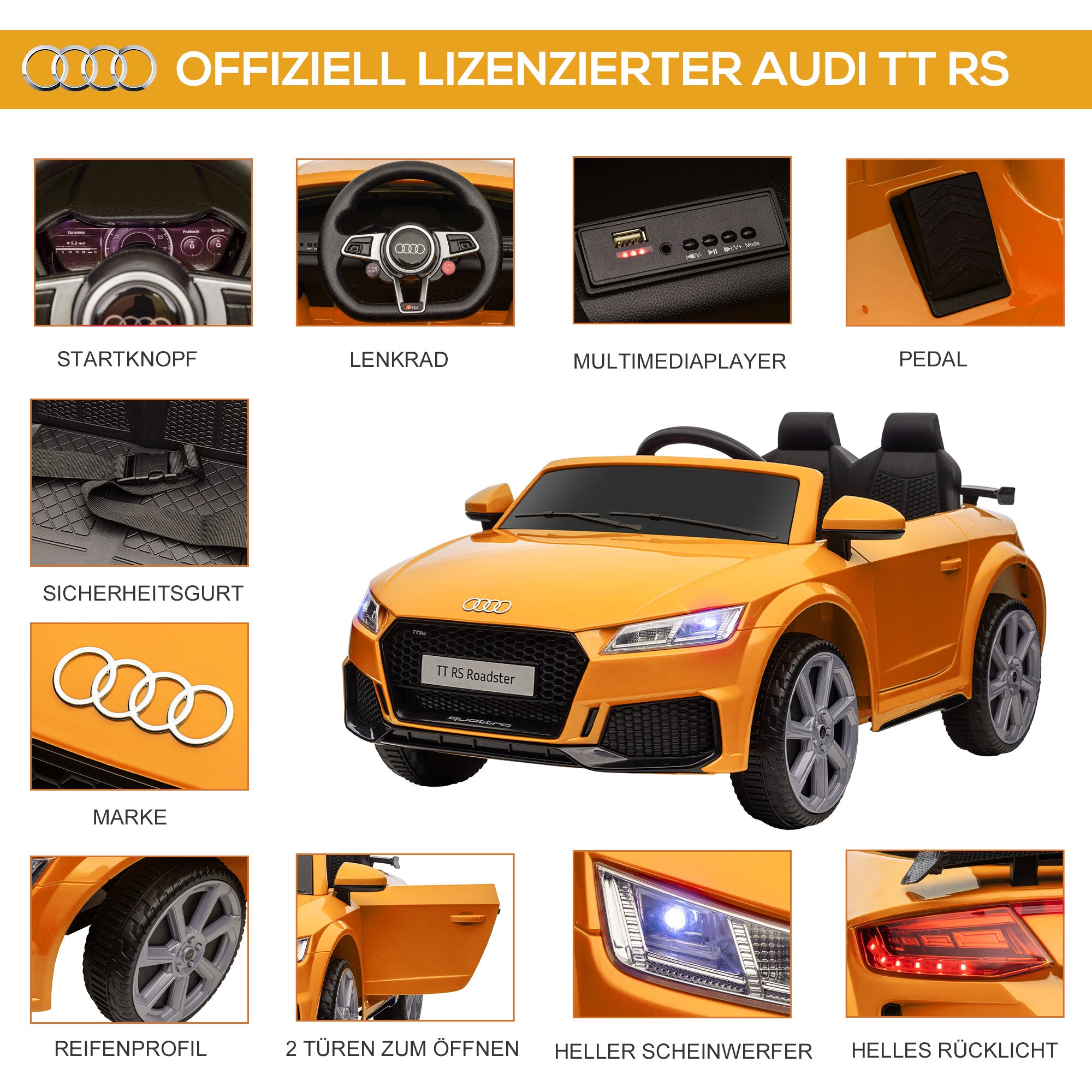 HOMCOM Kinder-Elektroauto, max. 3 km/h, mit Fernbedienung, Sicherheitsgurt, MP3-Anschluss, 3–5 Jahre, Gelb