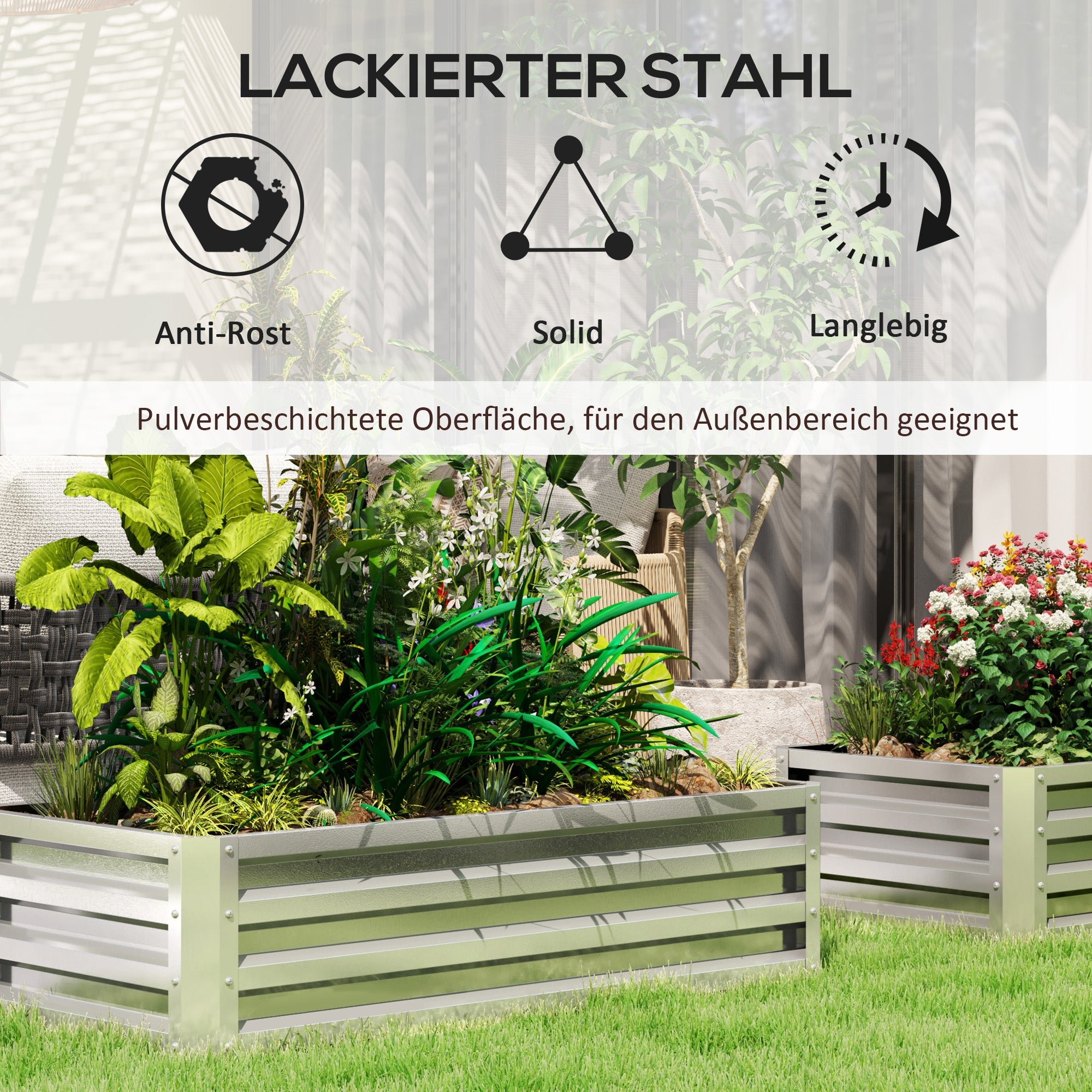 Outsunny Hochbeet Pflanzkasten, wetterbeständig, offener Boden, verzinkter Stahl, 120 cm x 60 cm x 30,5 cm, Silber