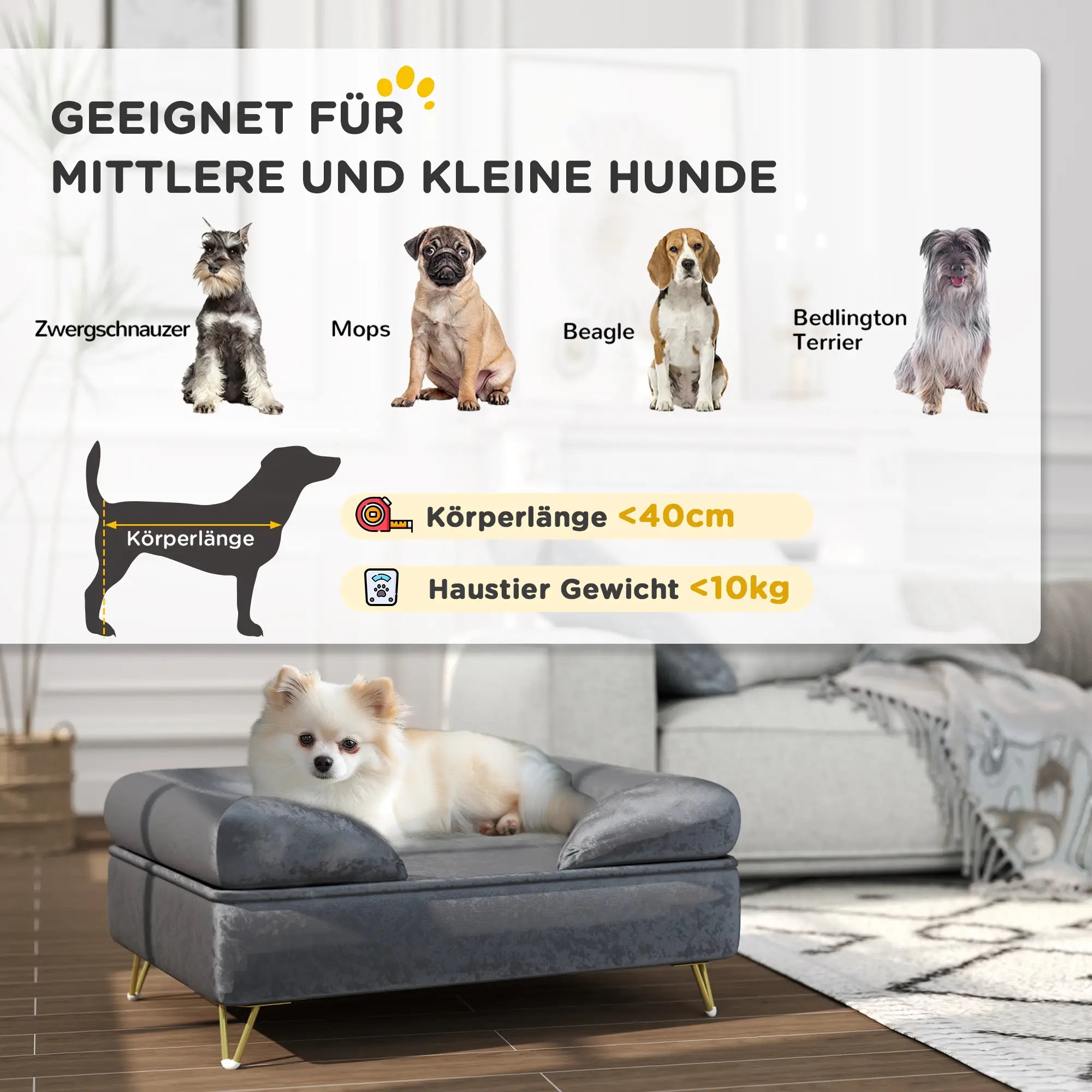 PawHut Hundesofa Grau 76x53,5x34?cm mit Rückenlehne & Metallfüßen