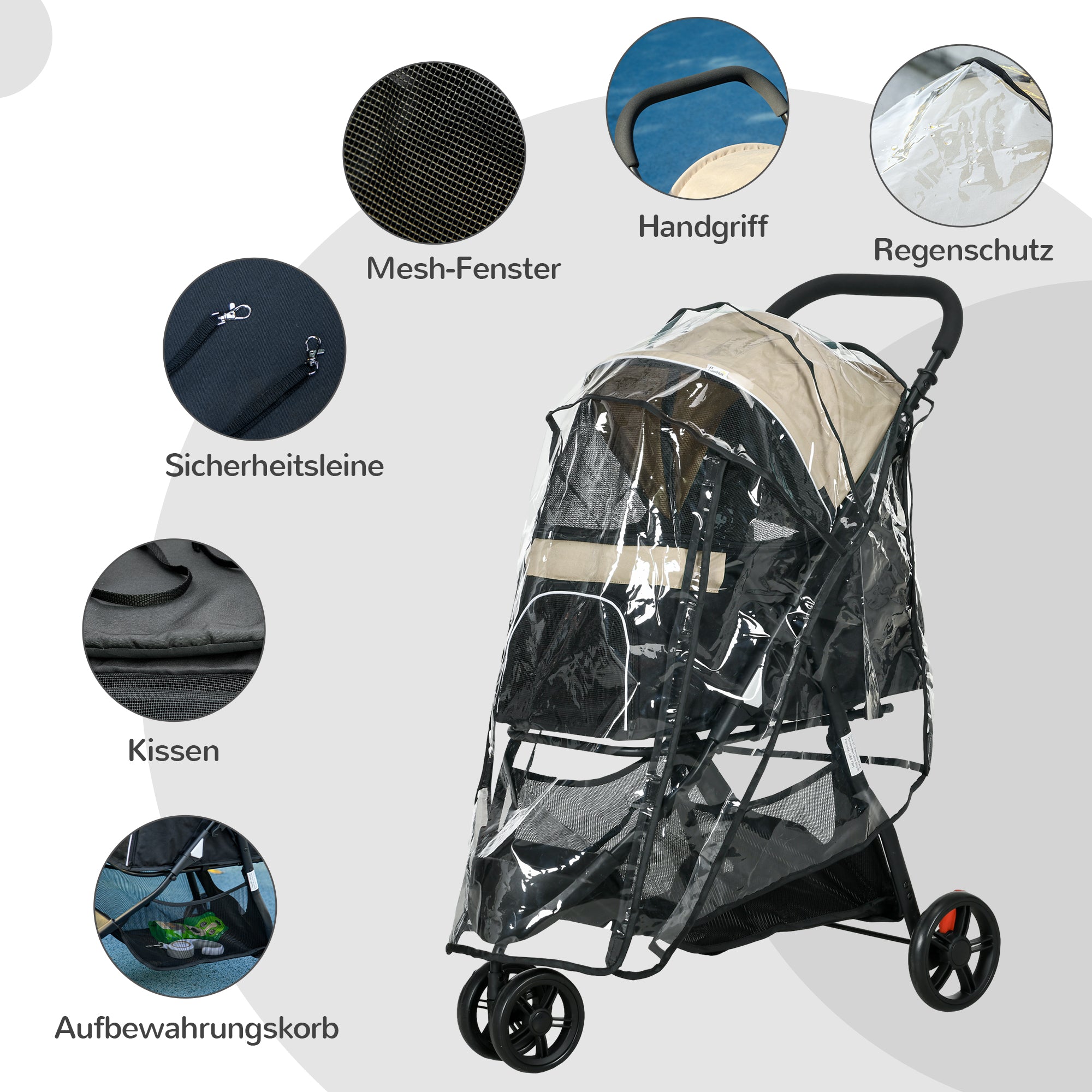 PawHut Haustierbuggy Hundebuggy, klappbar, mit Regenschutz, 2 Getränkehalter, Blau +  Khaki