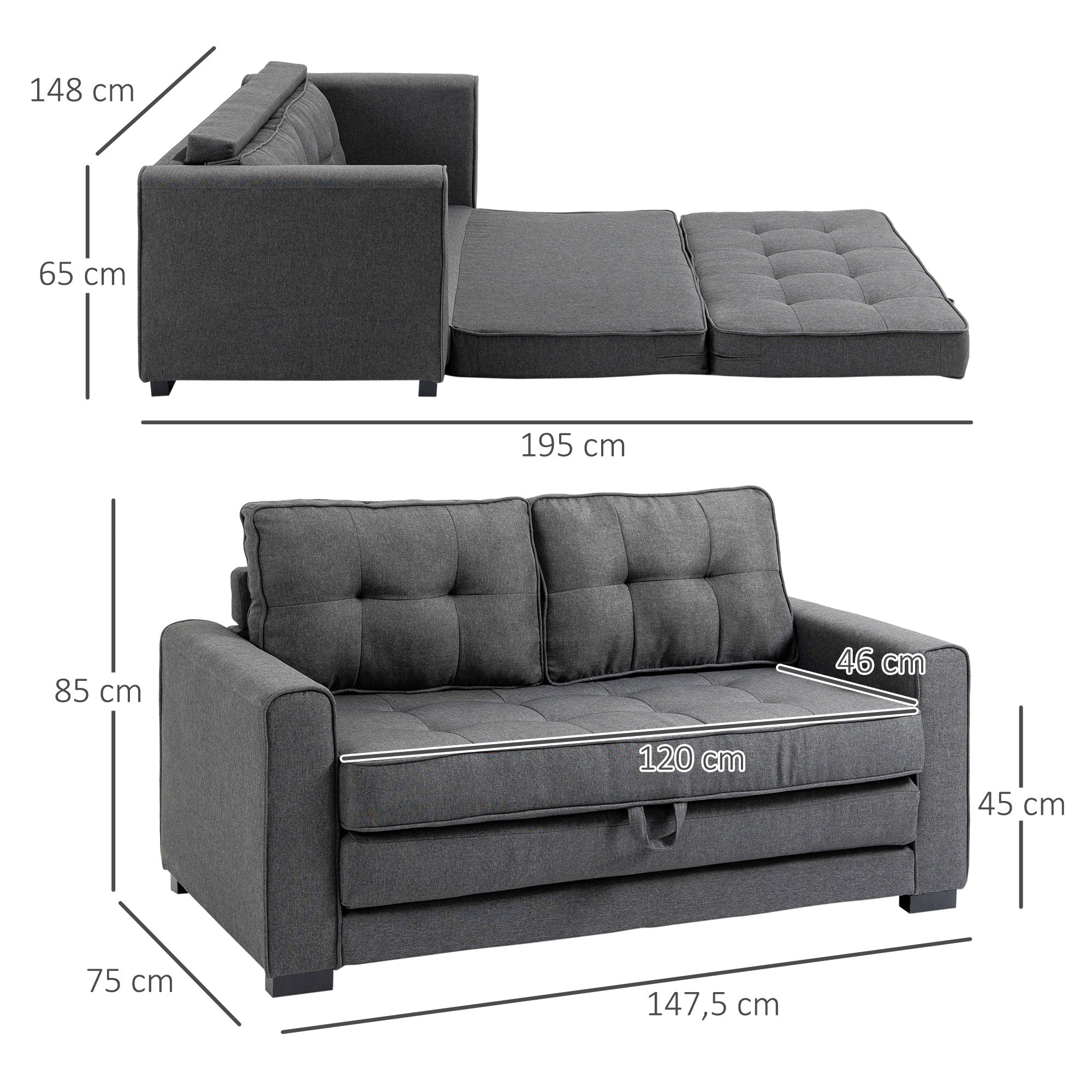 HOMCOM Schlafsofa Klappsofa 2-Sitzer Stoffsofa Bettsofa Sofa mit Schlaffunktion Sofagarnitur Leinen-Touch Gummiholz Grau 147,5 x 75 x 85 cm