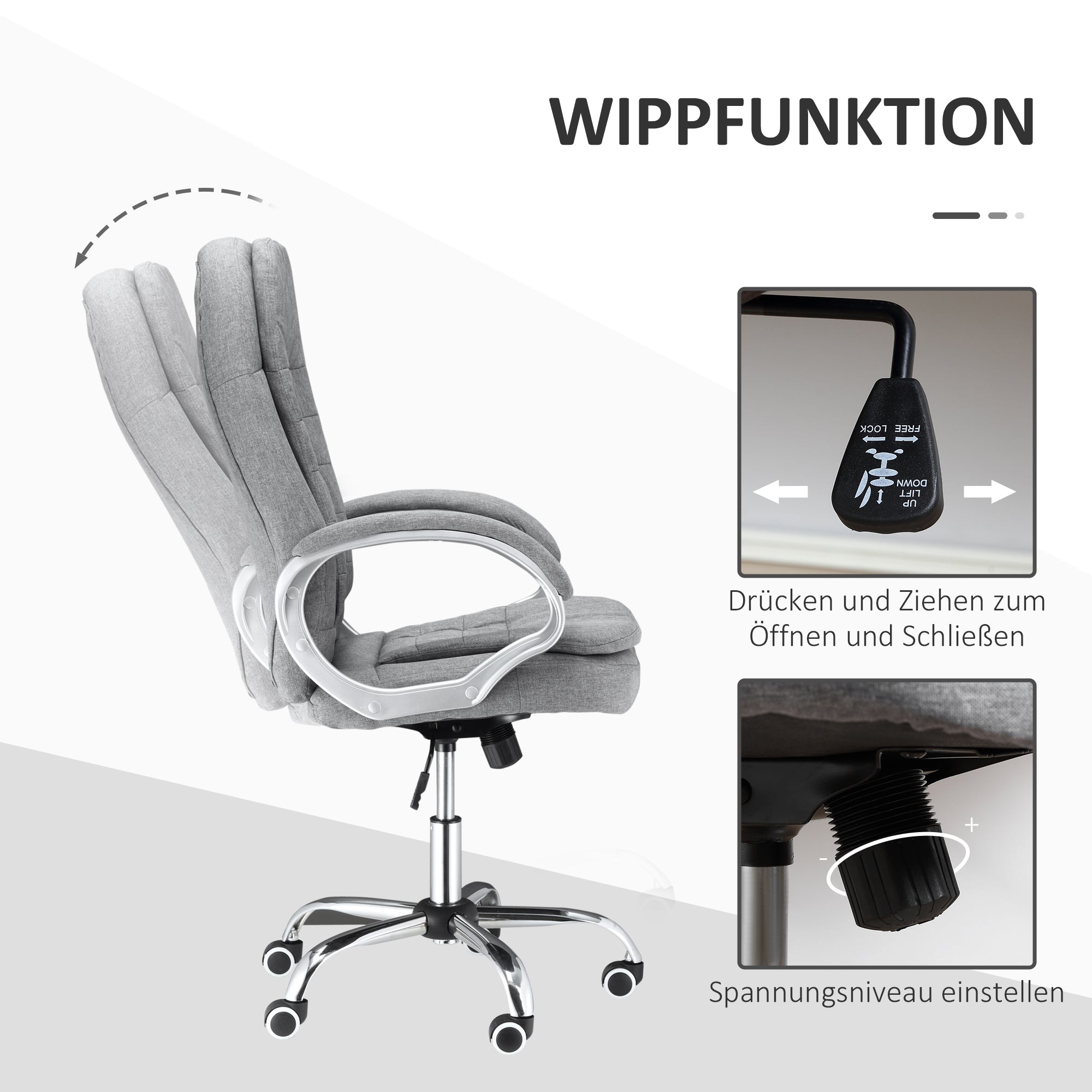 Vinsetto Bürostuhl Arbeitsstuhl Schreibtischstuhl Drehstuhl 360° Ergonomisch Wippfunktion Höhenverstellbar Grau Leinen 64 x 75 x 111-121 cm