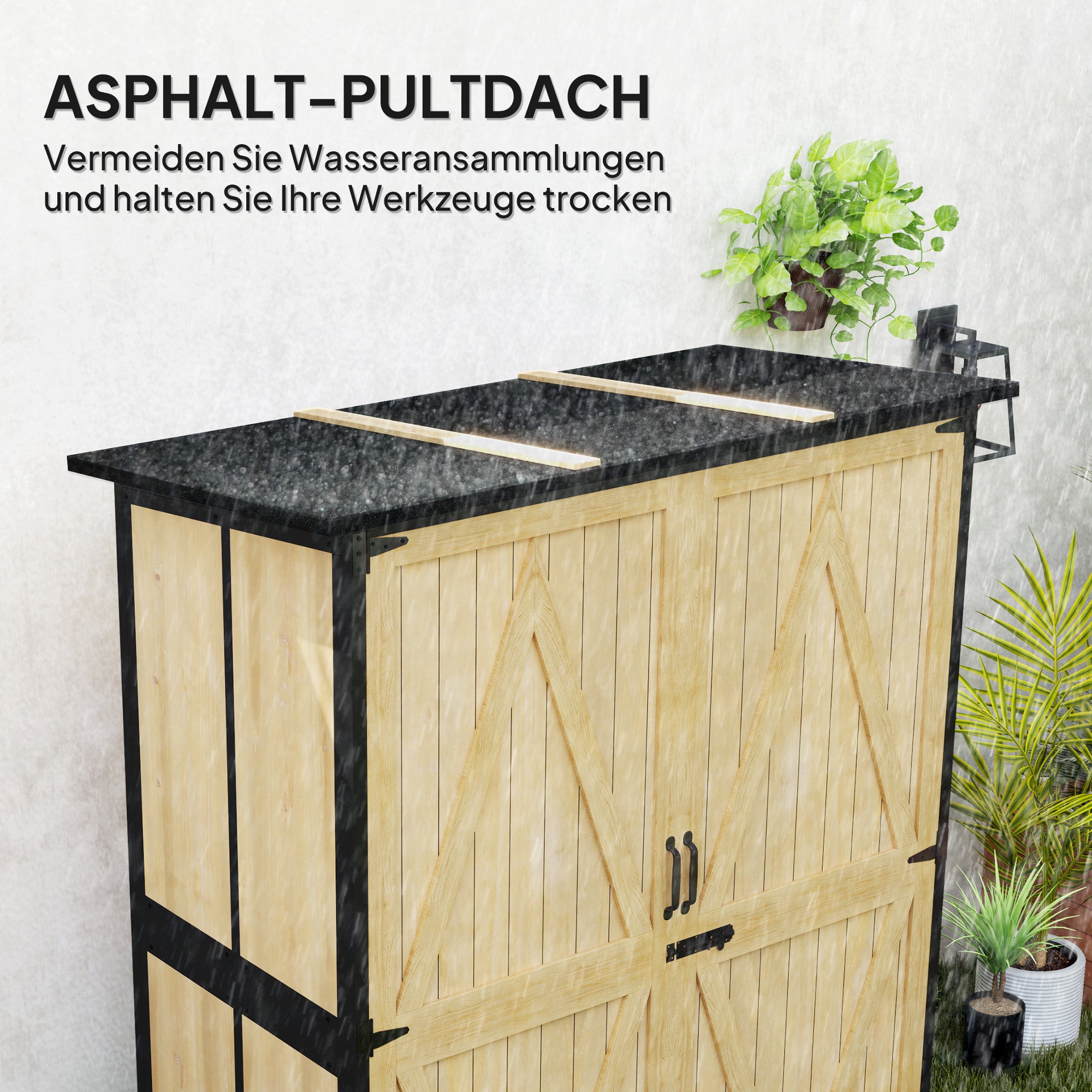 Outsunny Gartenschrank aus Holz und Stahl, Outdoor-Werkzeugschrank mit Asphalt-Dach, 2 Regale, verschließbare Türen, Naturholz