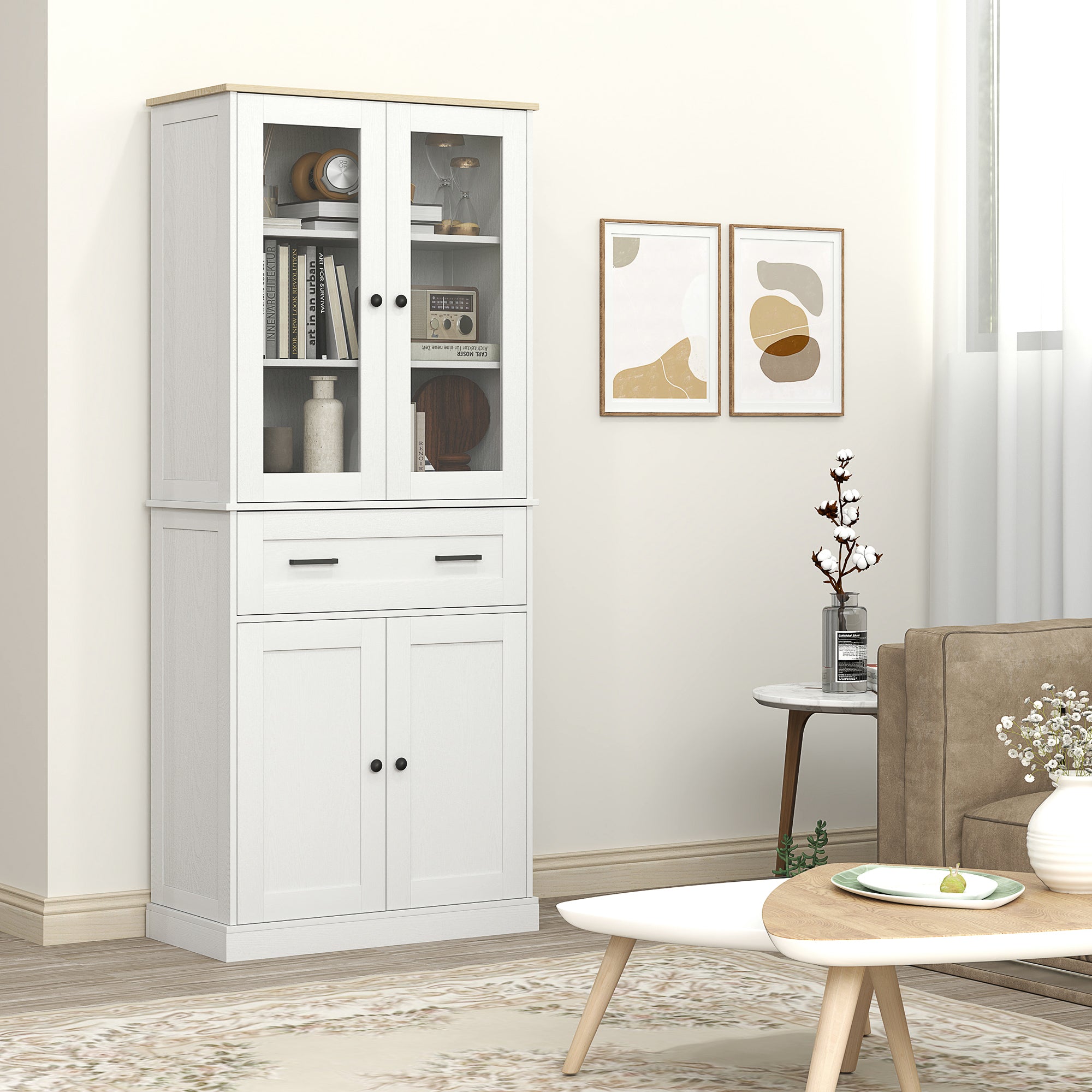 HOMCOM Küchenschrank, Buffet, Acrylfront, Schubladen, 76 x 40 x 182,5 cm, Cremeweiß