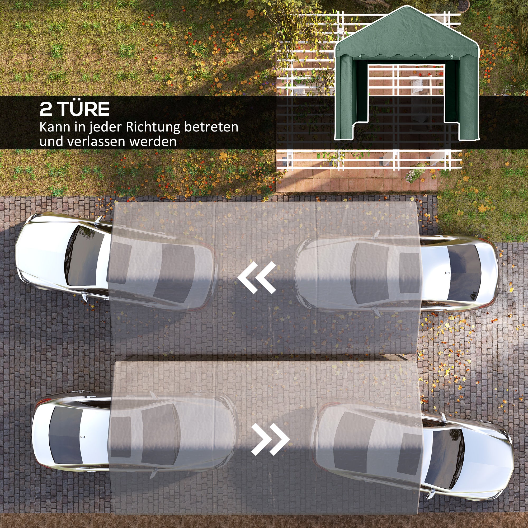 Outsunny 3x6 m Tragbarer Carport, Fahrzeugunterstand mit 2 Eingängen, Polyesterdach, für Autos, Boote, Gartengeräte, Dunkelgrün