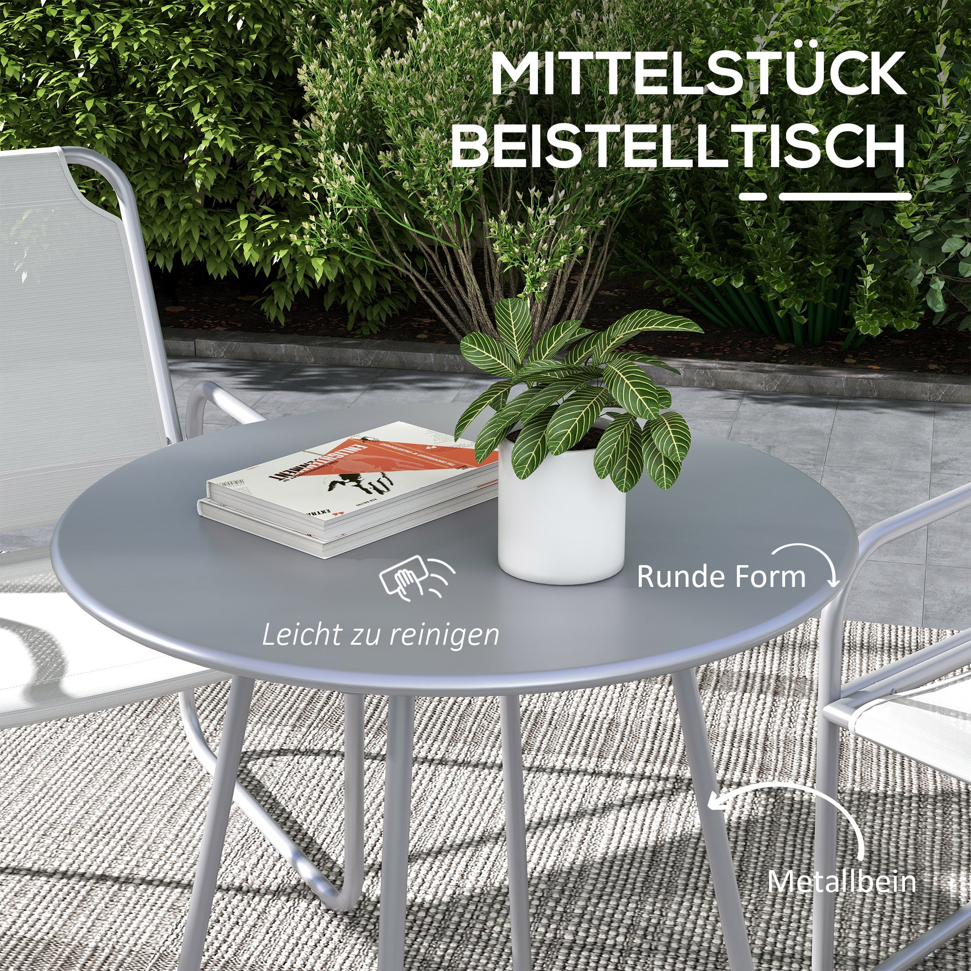 Outsunny 3-teiliges Gartenmöbelset, 2 Stühle mit atmungsaktivem Stoffbezug, 1 runder Tisch Ø60 cm, Hellgrau