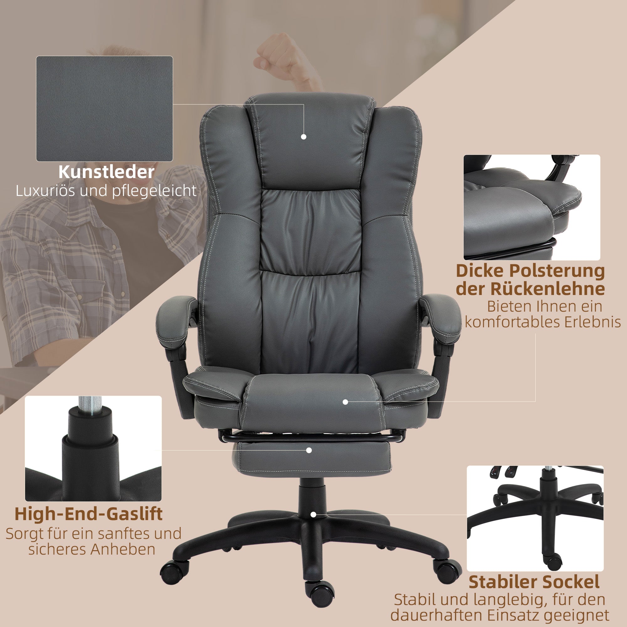 Vinsetto Verstellbarer Drehstuhl mit Fußstütze, Kopfstütze, Massagefunktion, Kunstleder, 68,5x68,5x113-121cm, Dunkelgrau