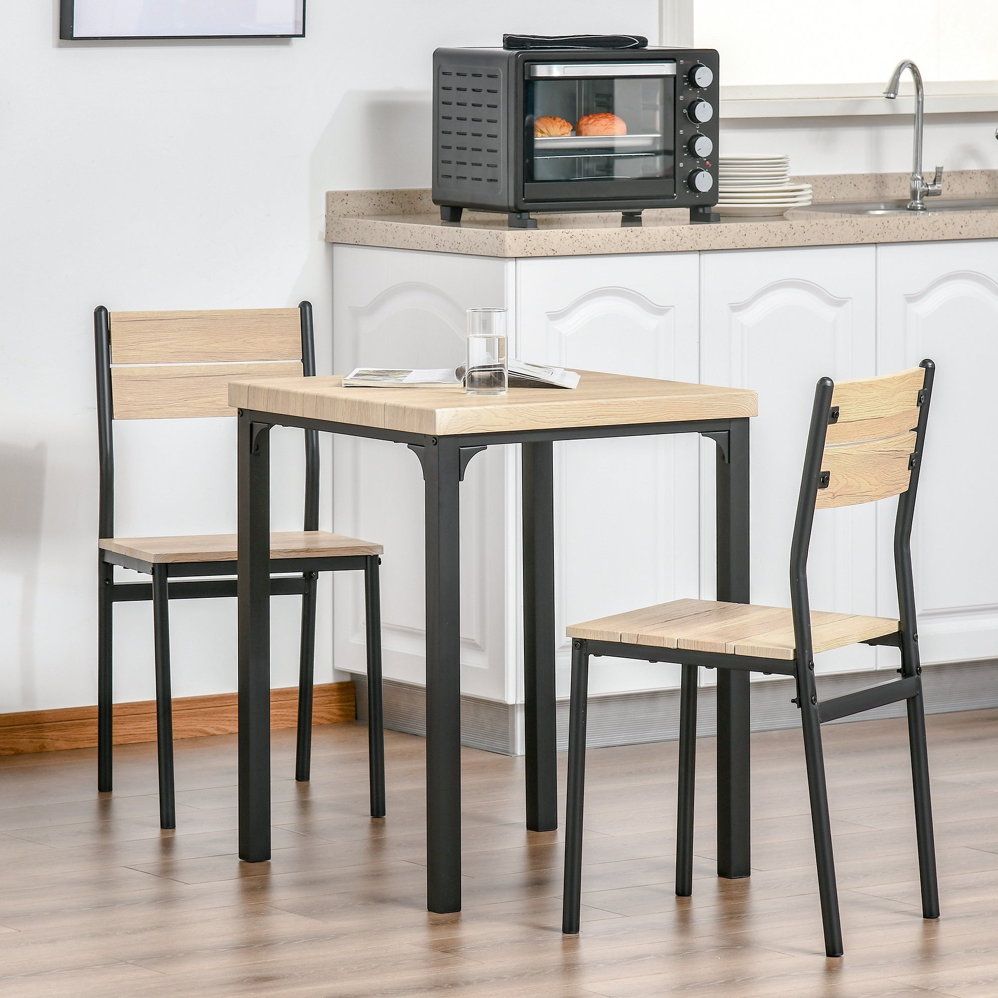 HOMCOM 3-teilige Esstisch Küchentisch mit Stühlen Set Naturholzmaserung + Schwarz mit 1 Tisch + 2 Stühlen
