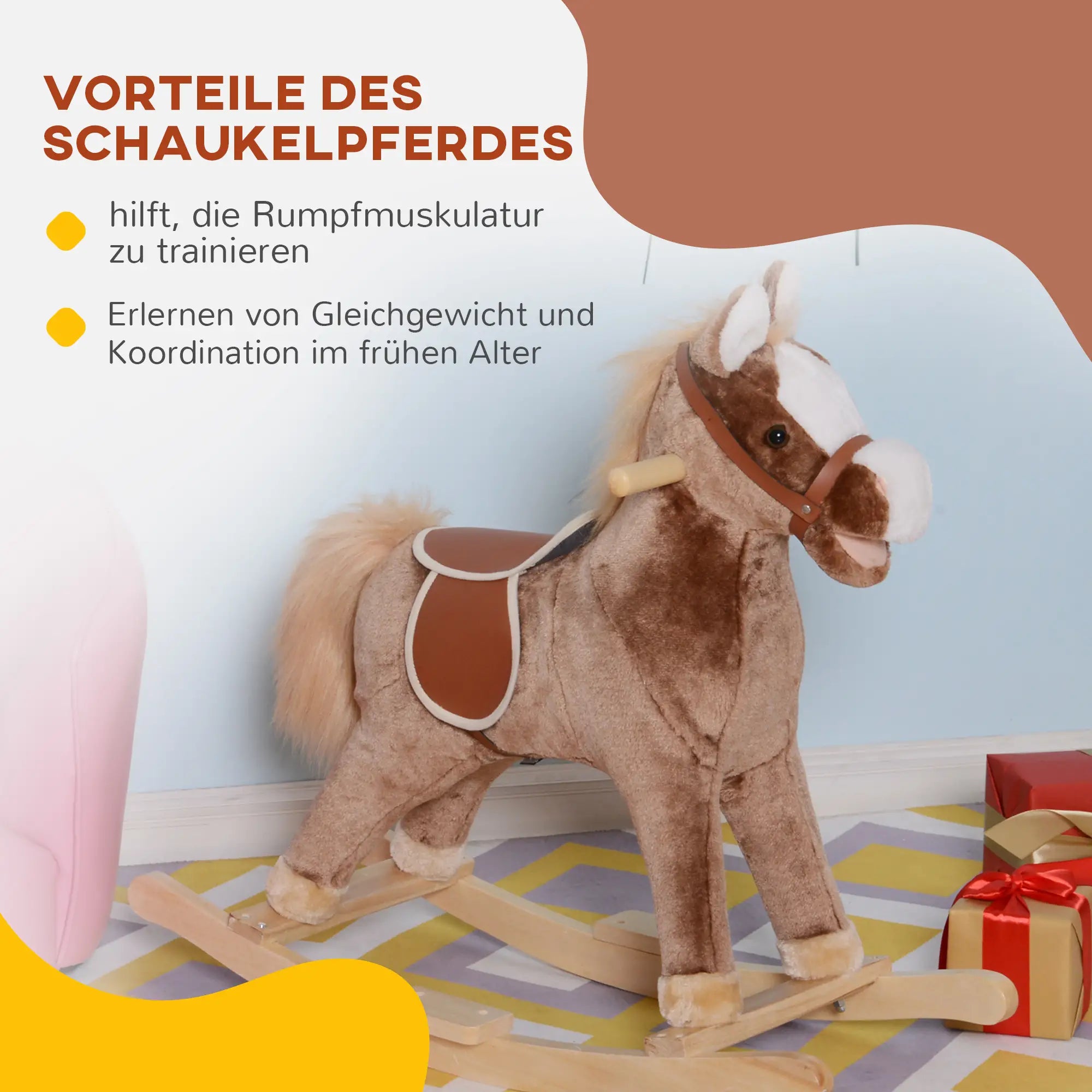 HOMCOM Schaukelpferd Baby Schaukeltier Plüsch Spielzeug Kinder Plüsch-Schaukeltier Braun L74 x B33 x H62 cm