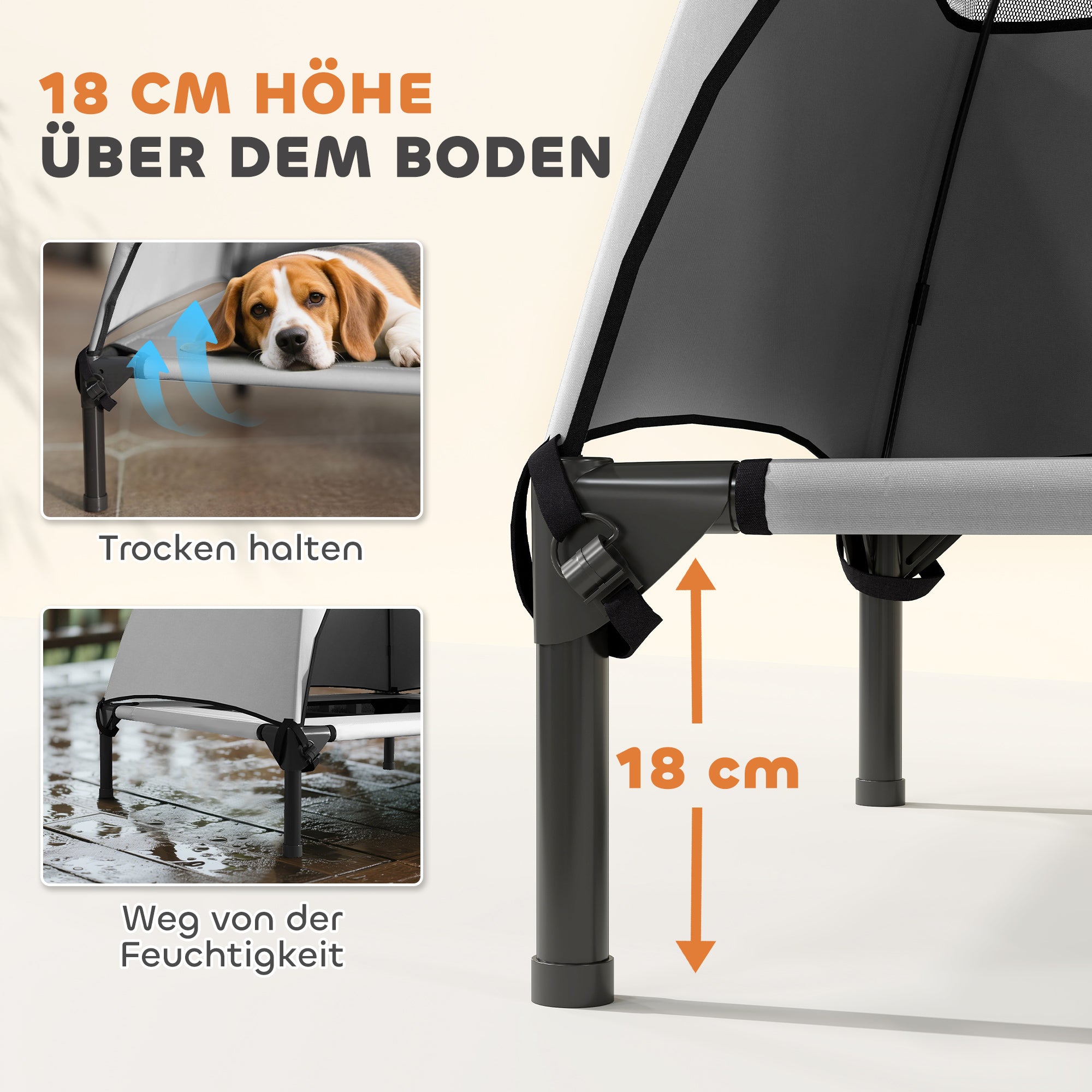PawHut Hundeliege Outdoor mit Dach, Erhöhtes Hundebett für Mittelgroße Hunde, 76 x 61 x 71cm, Hellgrau