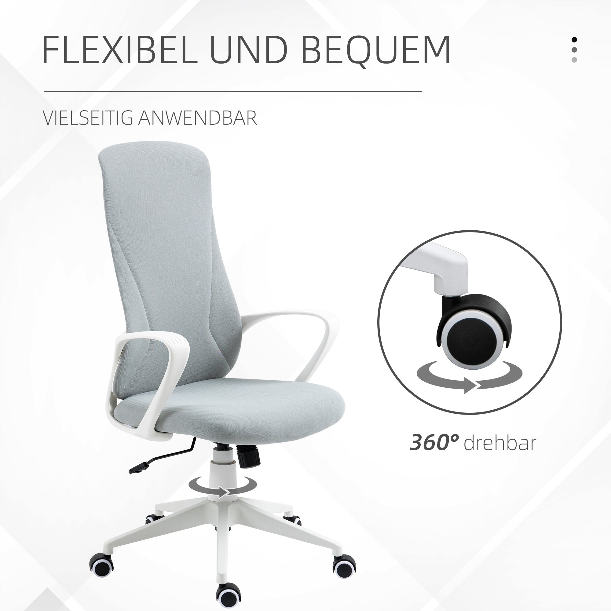 Vinsetto Bürostuhl mit Wippfunktion, Höhenverstellbar, bis 120 kg, Ergonomisch, Drehbar, 62x56x110-119,5cm, Hellgrau