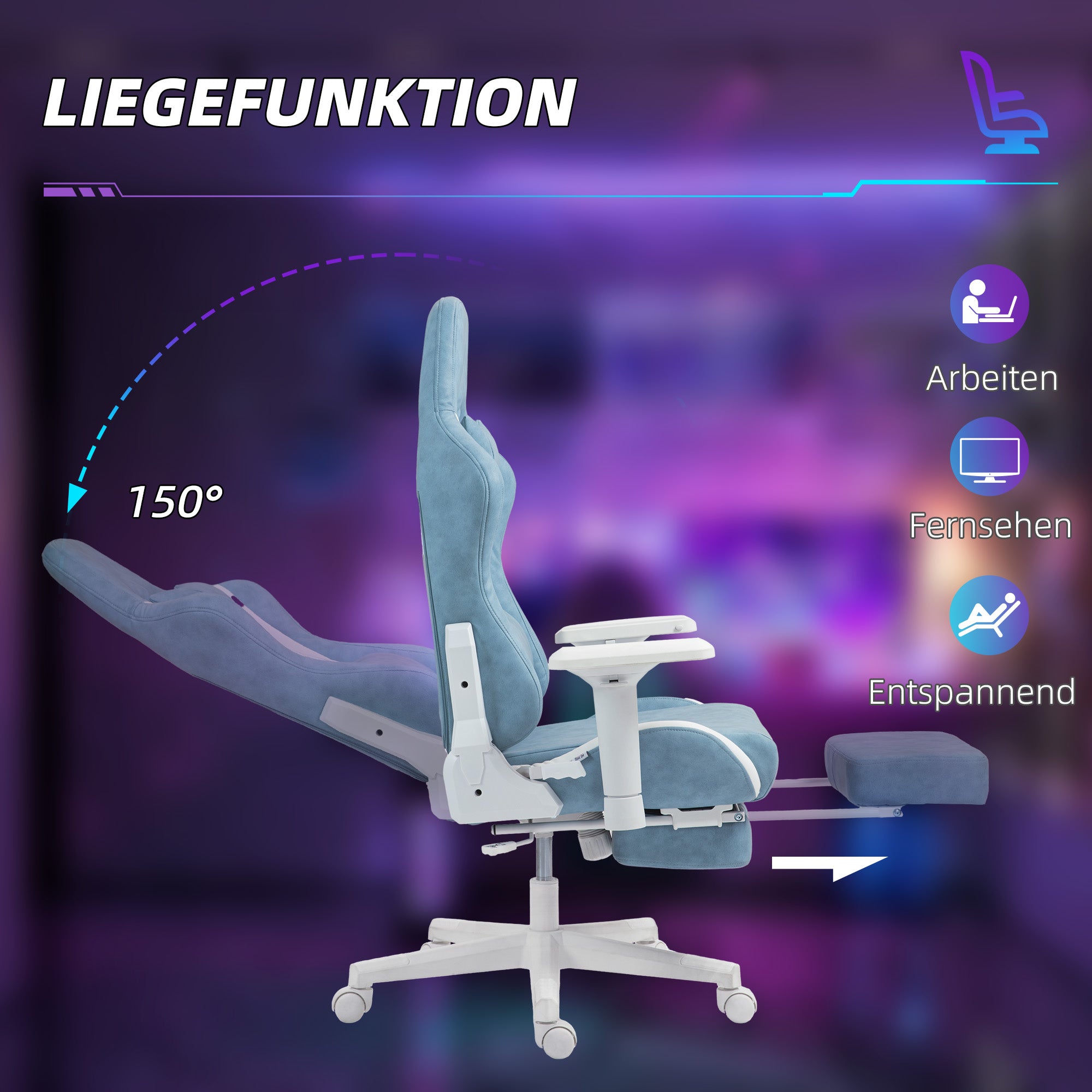 HOMCOM Gaming-Sessel, verstellbare Armlehnen & Rückenlehne, Kunstlederbezug, bis 120 kg, Blau