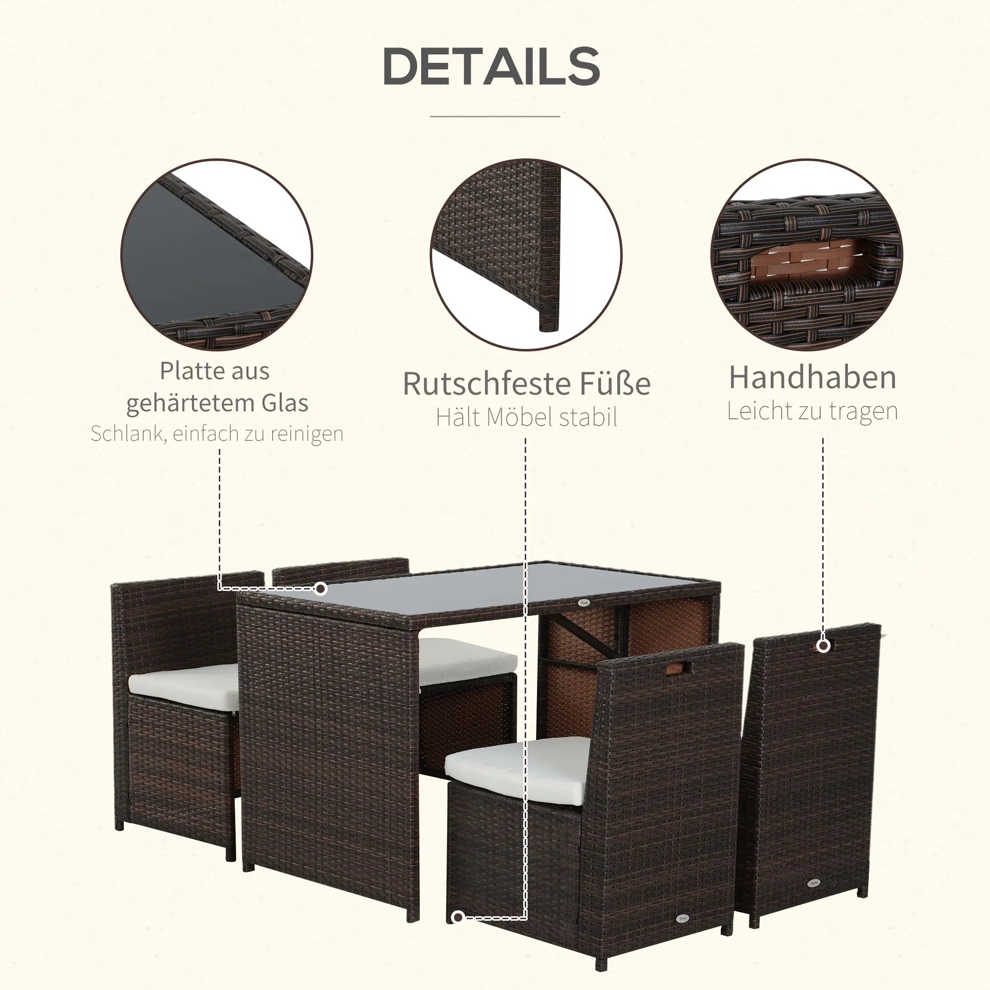 Outsunny 5-teiliges Polyrattan Gartenmöbel-Set, wetterfest Balkonmöbel für 4 Personen Terrassenmöbel mit Tisch 4 Stühle Kissen, Lounge-Set Essgruppe Sitzgruppe für Balkon, Garten, Braun+Khaki
