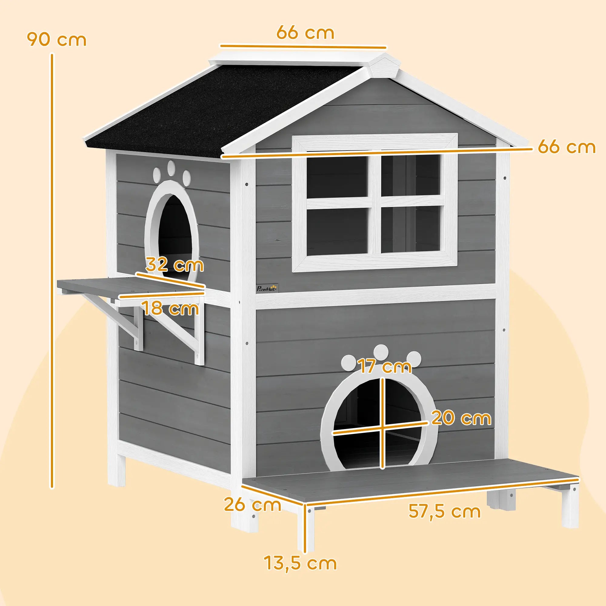PawHut Katzenhaus aus Holz mit Balkon & Fenster, 2 Etagen, Grau