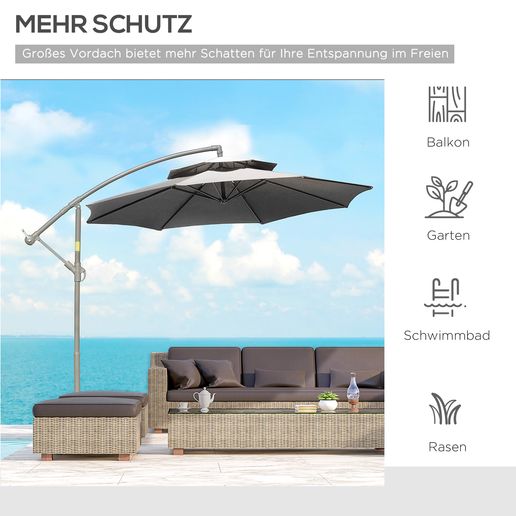 Outsunny Sonnenschirm Ampelschirm Ø2,67 x 2,45 m Kurbelschirm mit Doppeldach Kreuzbasis Stahl Outdoor Sonnenschutz Polyester Stahl Hellgrau