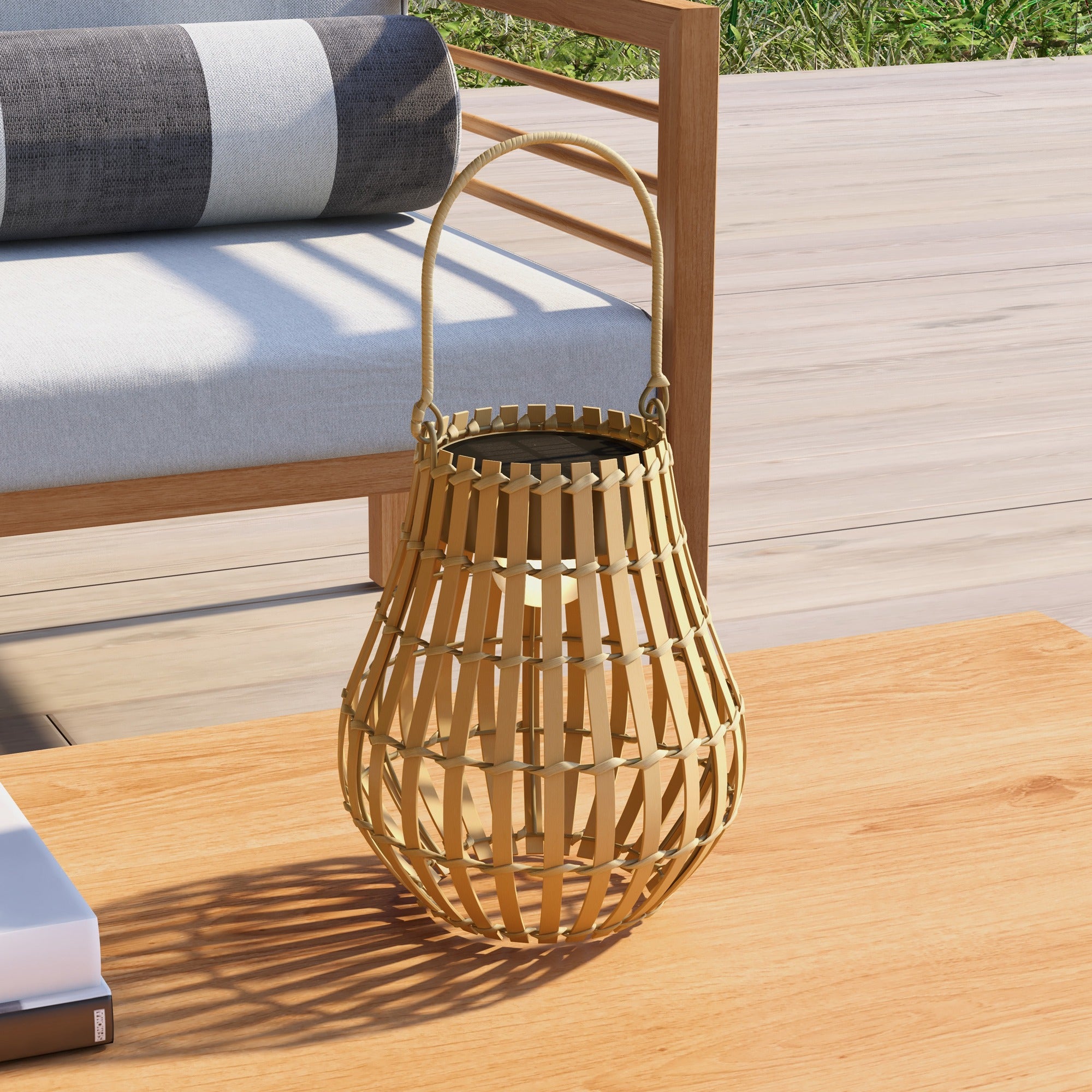 Outsunny Solar Gartenlampe USB aufladbar Bambus-Lampenschirm
