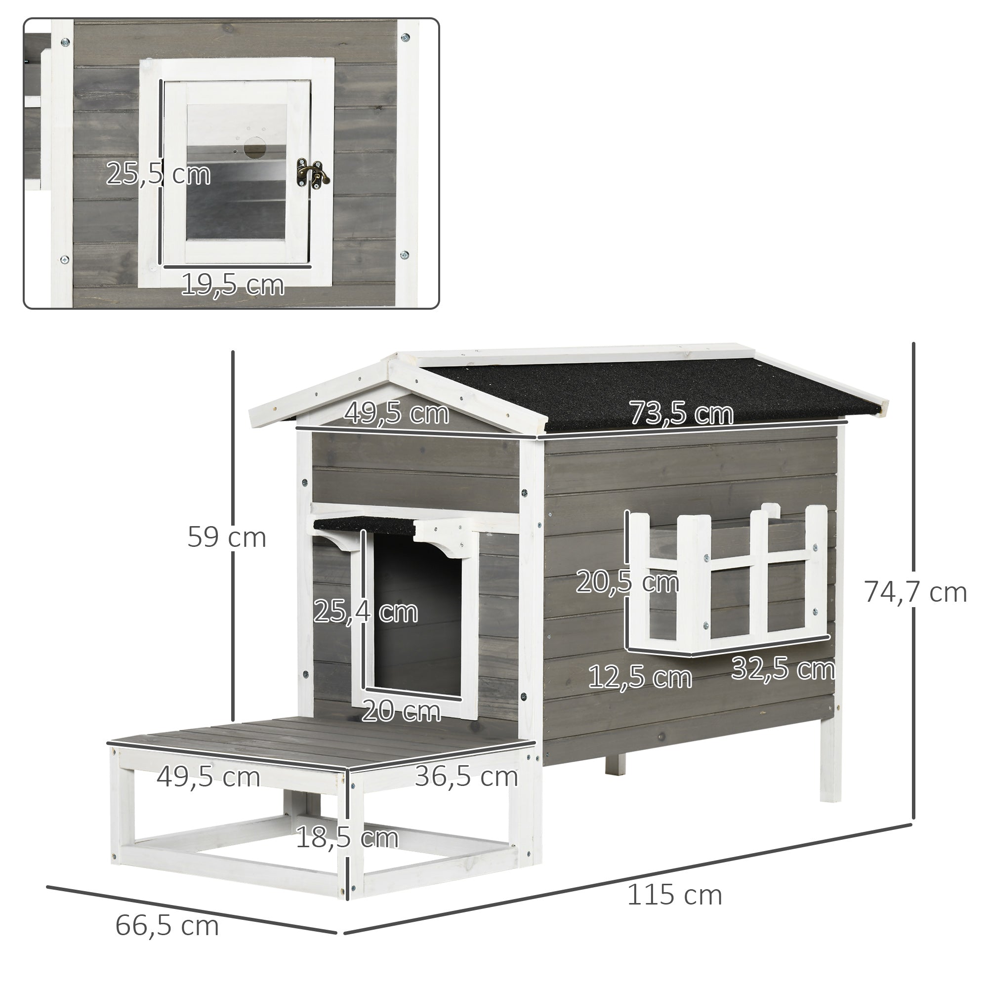 PawHut Katzenhaus aus Holz Winterfest wasserdicht Katzenhütte mit Asphaltdach  Terrasse Katzenhöhle Katzenkiste Outdoor Schutzhütte für Draußen Garten Balkon 115 x 66,5 x 74,7 cm Grau+Weiß