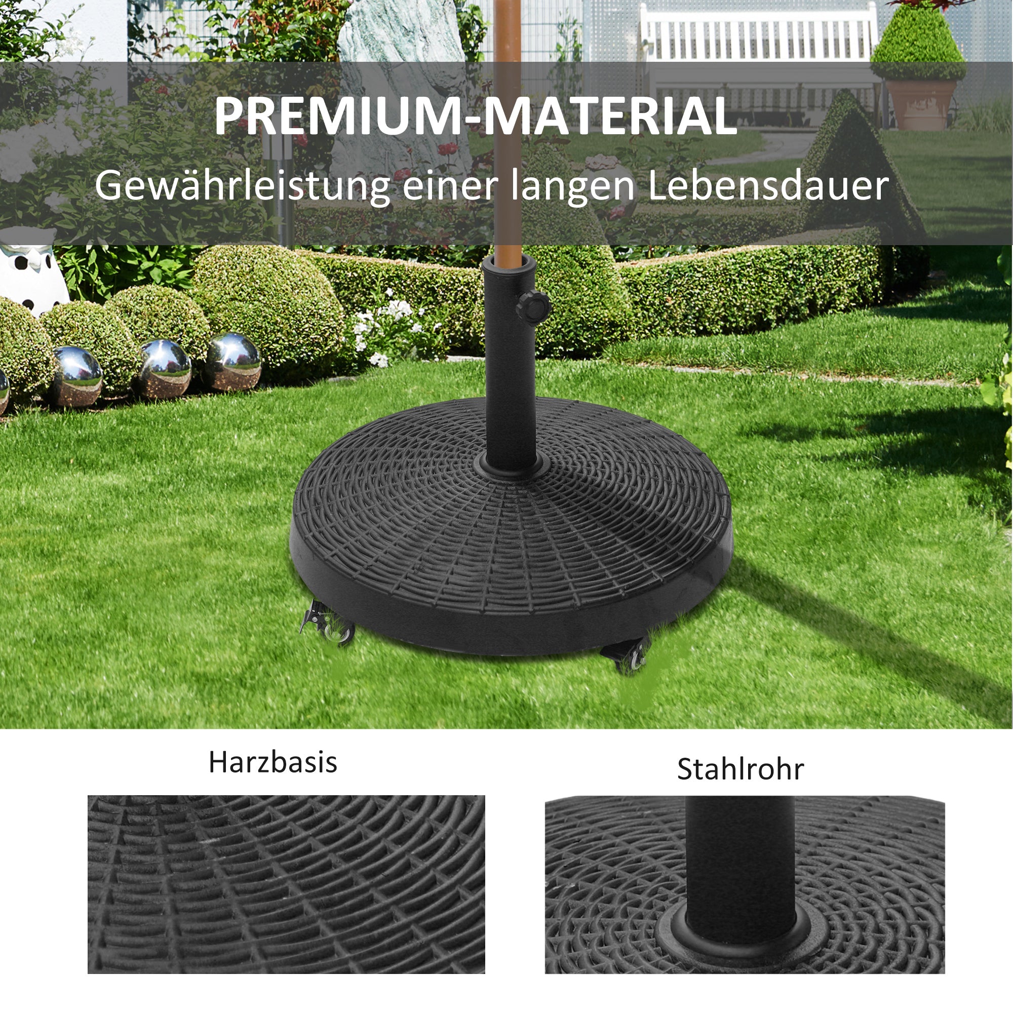 Outsunny Sonnenschirmständer 25kg Schirmständer mit Rollen rund Rattanoptik Ständer für Schirmstangen mit Ø38/48 mm Ständer für Garten, Balkon, Schwarz