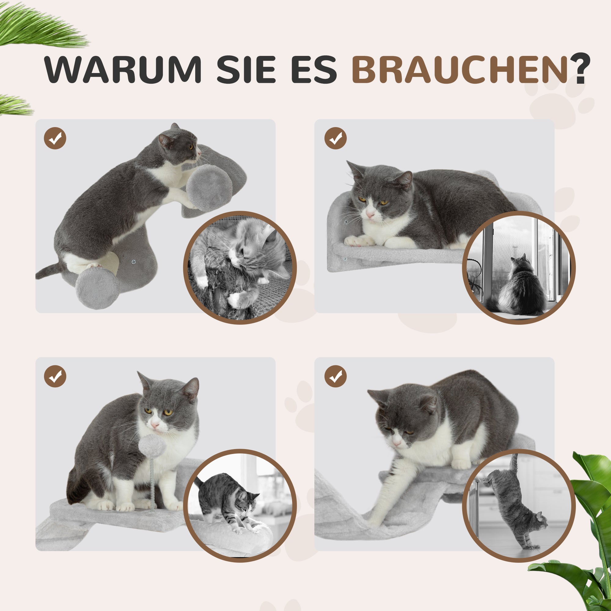 PawHut Katzentreppen-Set, 4-teilig, Kratzmöbel mit Sisal-Stufen, doppelter Plattform, Hellgrau/Cremeweiß