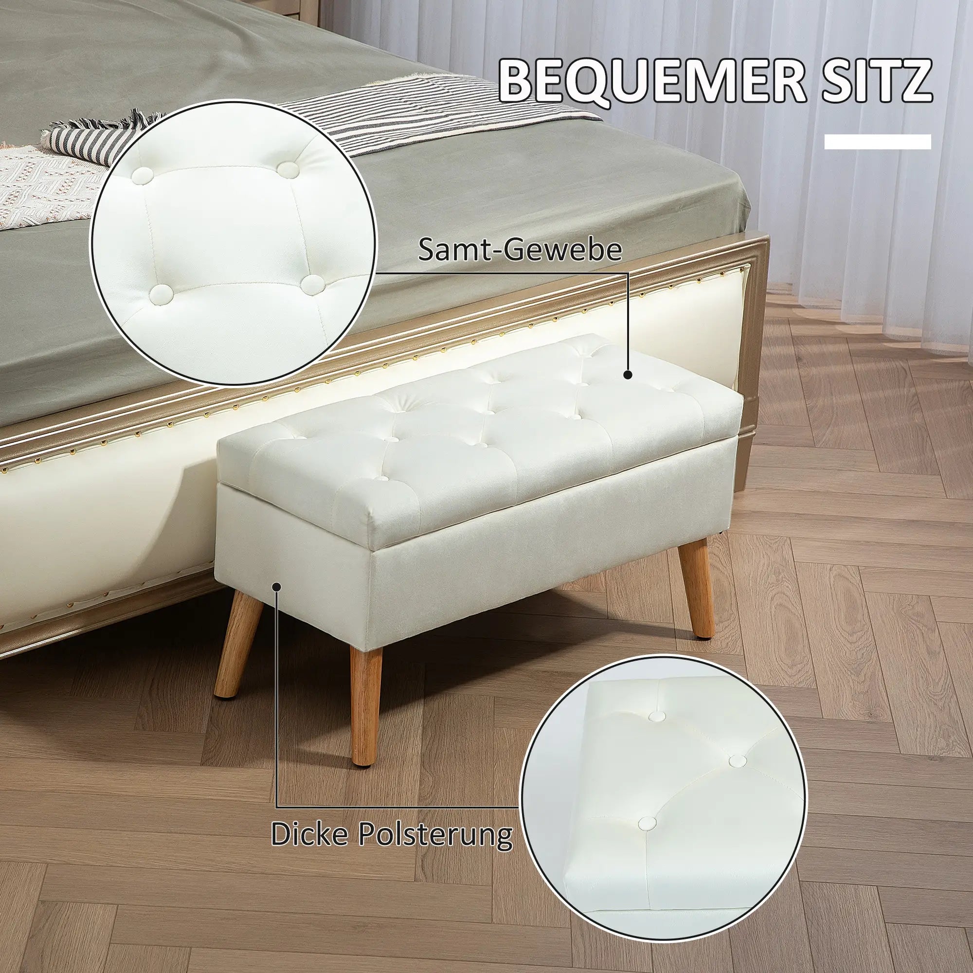 HOMCOM Polsterbank mit Stauraum, Stoffbezug in Samtoptik, Holzbeine, für Wohnzimmer, Schlafzimmer, Flur, 80 x 35 x 40 cm, Weiß