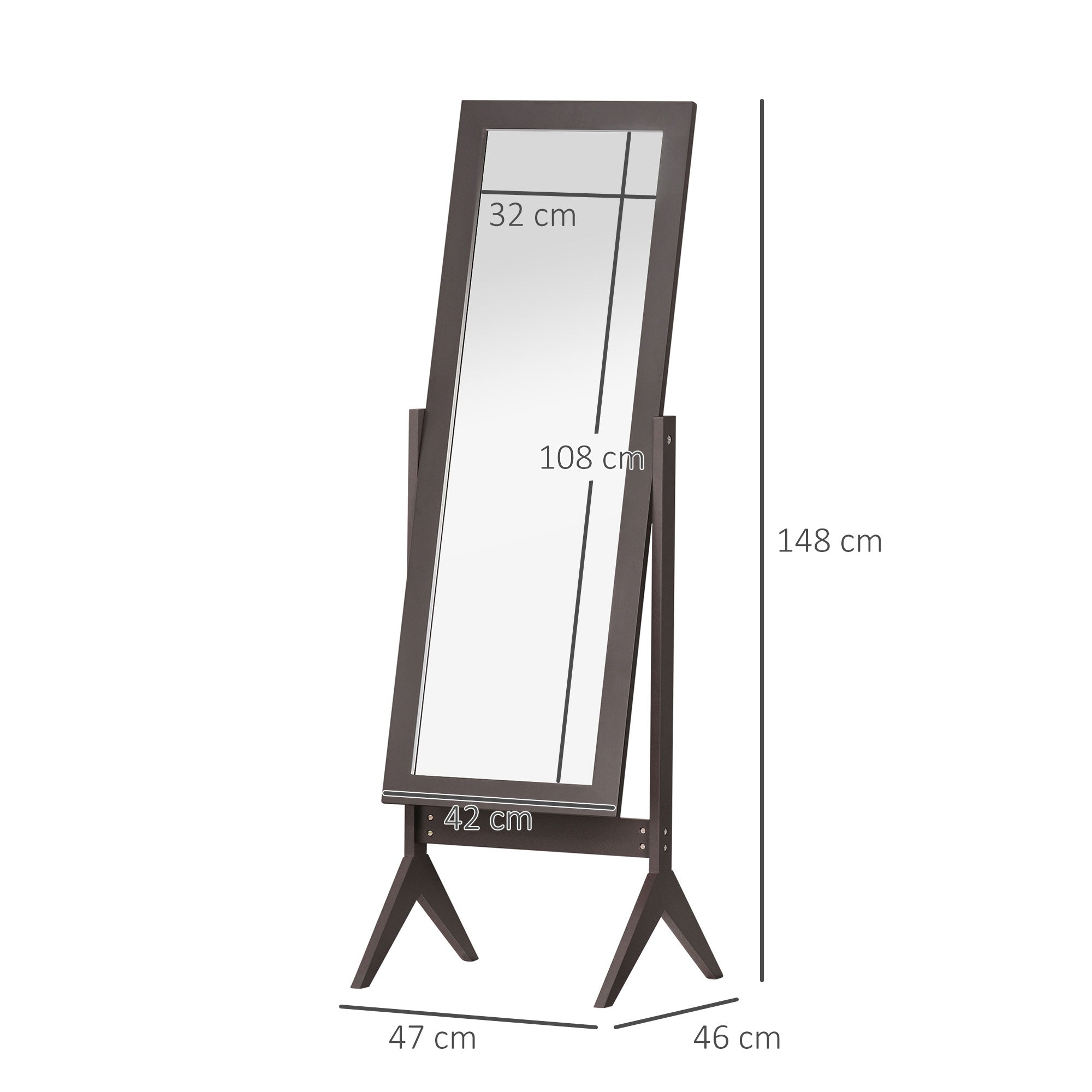 HOMCOM Standspiegel Ganzkörperspiegel Schminkspiegel Erhöhte Füße Pflegeleicht MDF Kaffee 47 x 46 x 148 cm