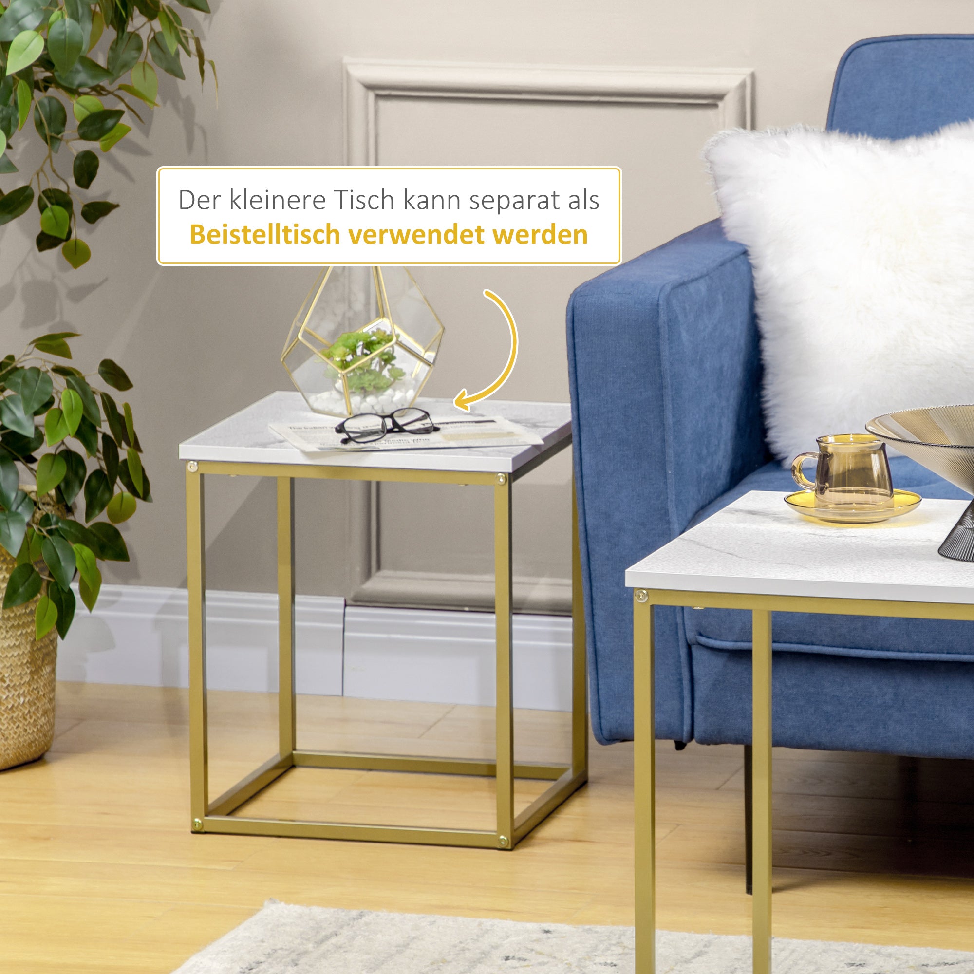 HOMCOM 2er-Set Beistelltische, stapelbare Beistelltische, Tischplatte in Marmoroptik, Gold + Weiß