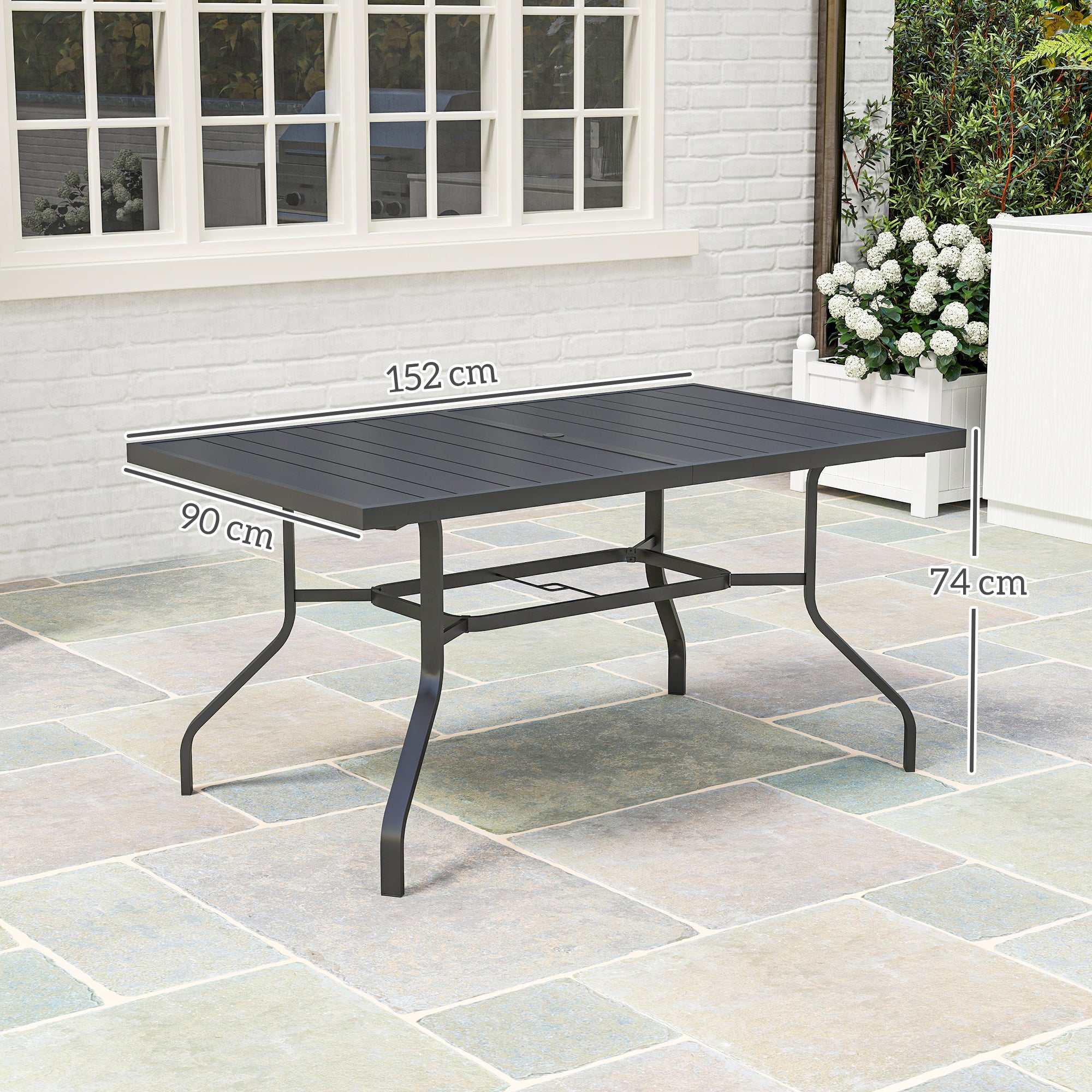 Outsunny Gartentisch 152x90 cm, Wetterfest Balkontisch aus Stahl, Beistelltisch mit Schirmloch, Latten-Design Schwarz