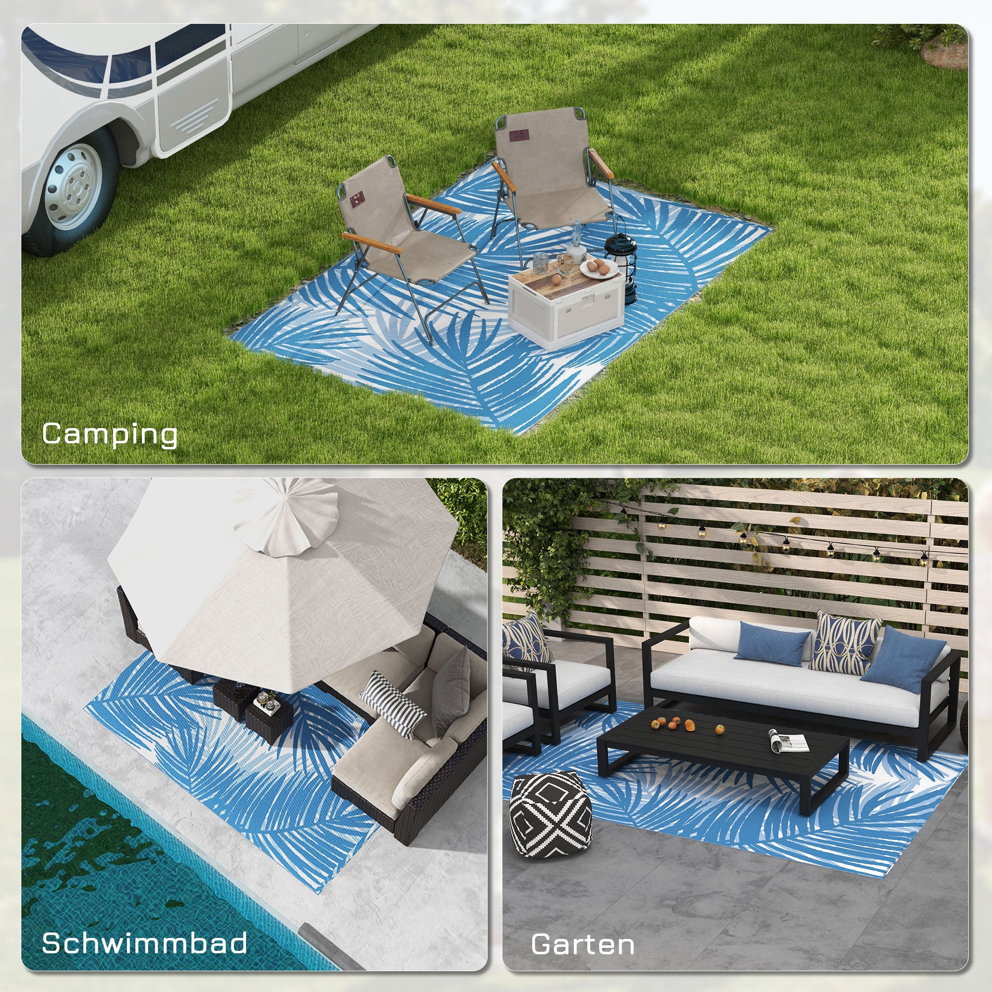 Outsunny Outdoor Wendeteppich, wasserfest, Blattmuster, 182x274cm, Blau/Creme