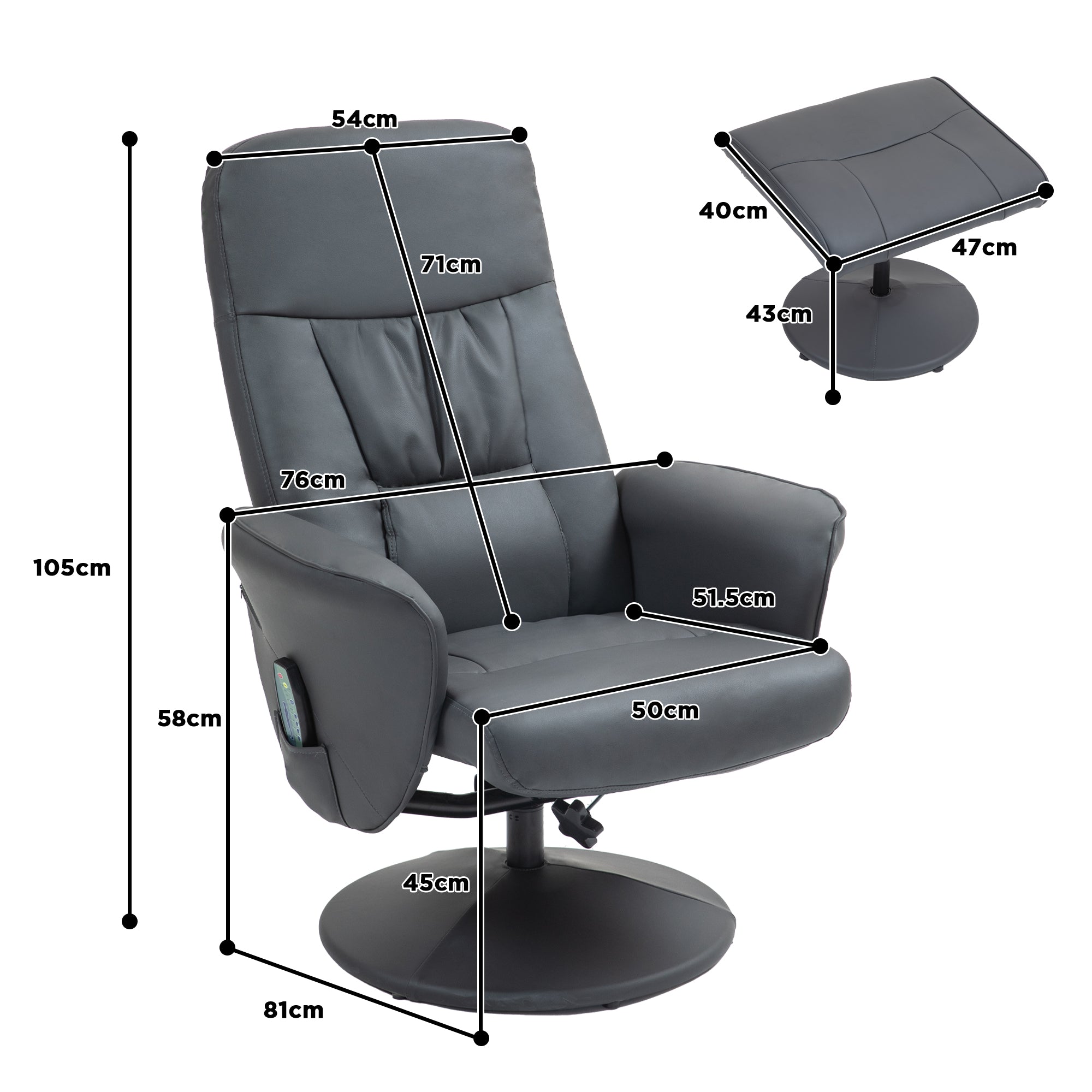 HOMCOM Massagesessel mit Fußhocker, Ergonomischer Stuhl mit 10 Vibrationspunkten, Kunstleder, 76 x 81 x 105 cm, Dunkelgrau