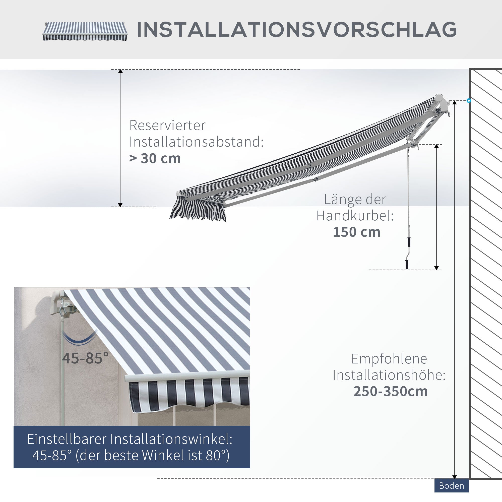 Outsunny Markise Gelenkarmmarkise Sonnenschutz Handkurbel Balkon Alu Grau Weiß 2,95 x 2,45 m