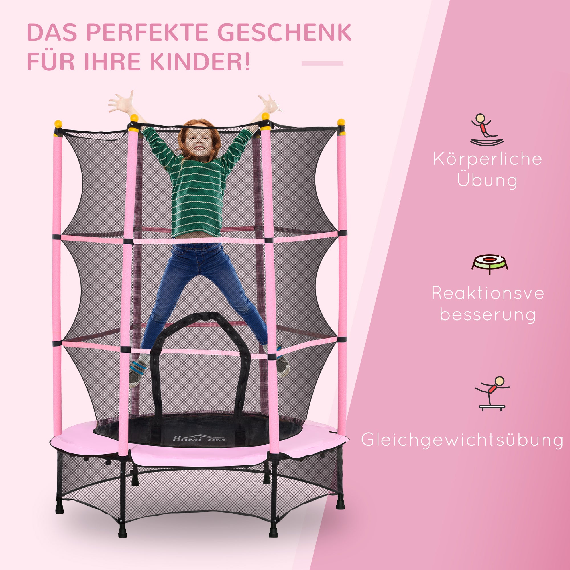 HOMCOM Trampolin für Kinder, Ø140 cm, mit Sicherheitsnetz, für innen und außen, Stahl, Kunststoff, belastbar bis 50 kg, Rosa
