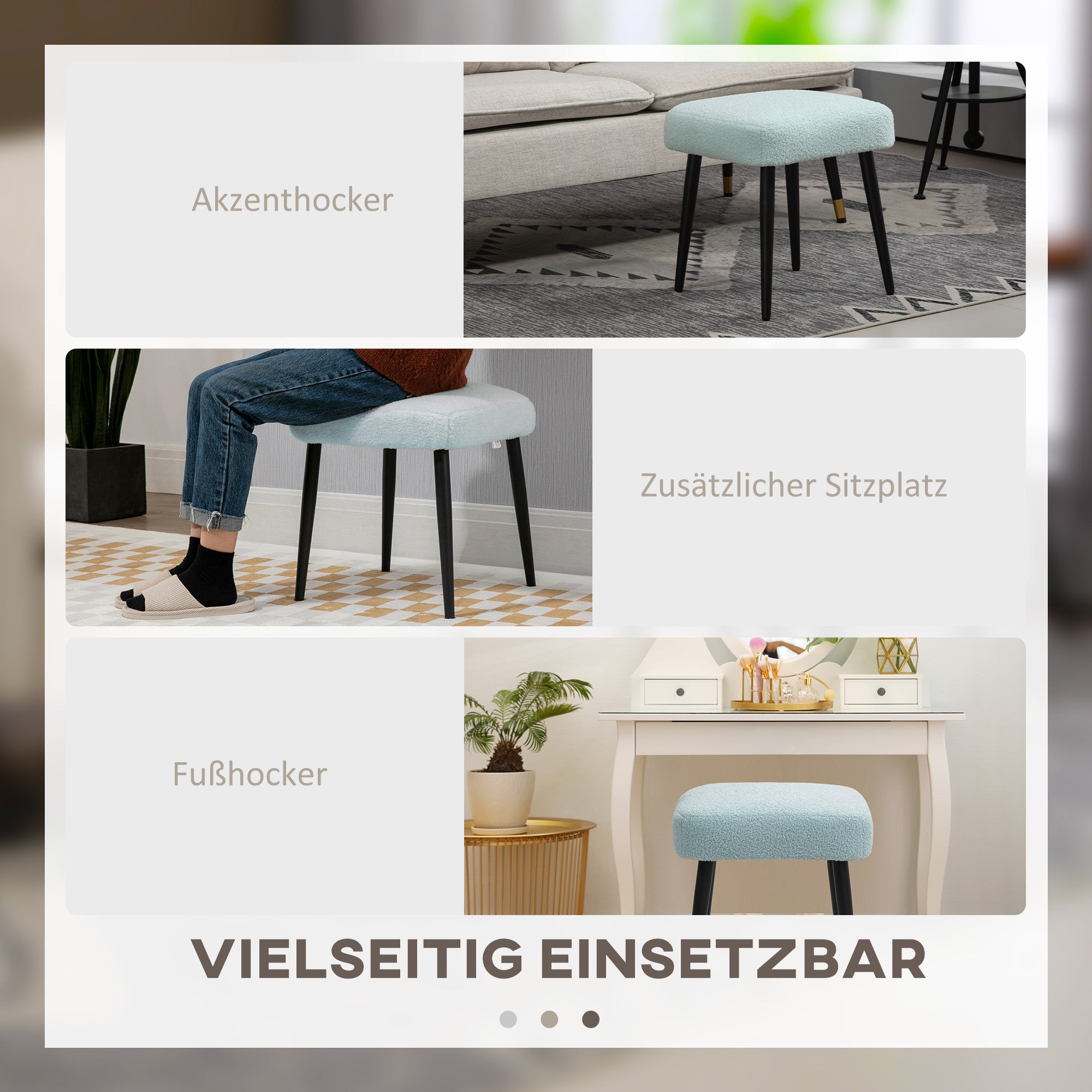 HOMCOM Hocker, Fußstütze, gepolsterter Sitz, Kaschmir-Optik, Stahlbeine, 42 x 42 x 47 cm, Hellblau