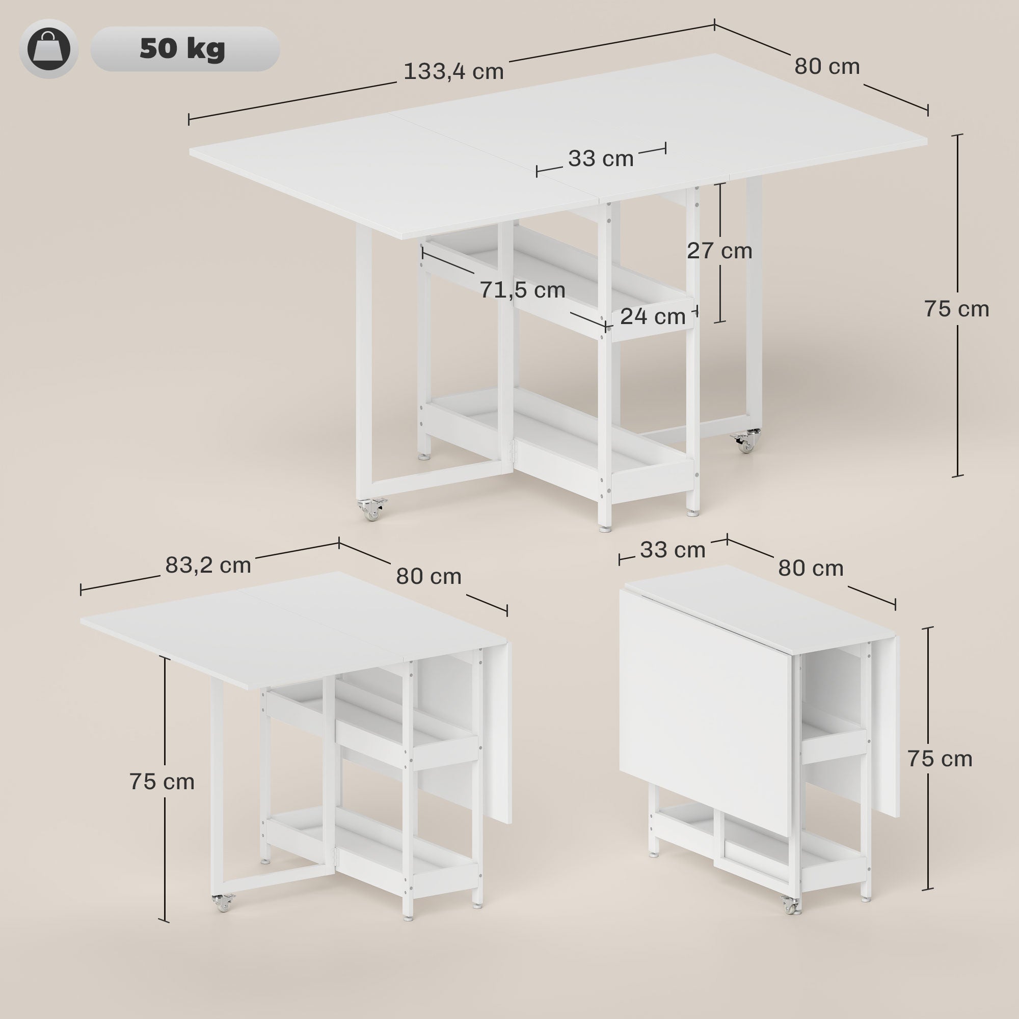 HOMCOM Klappbarer Esstisch im Industriedesign, für bis zu 4 Personen, offene Regale, flexibel, Metall, Spanplatte, Weiß