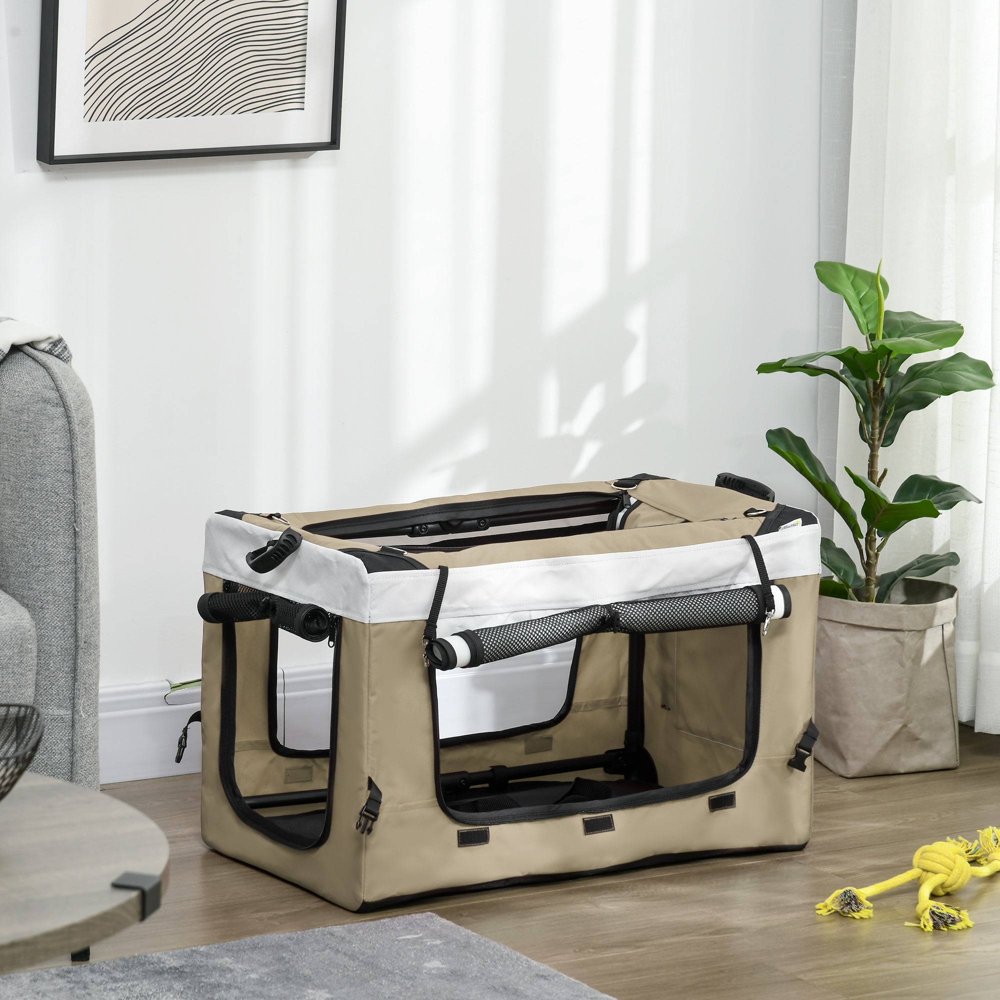 PawHut Hundbuggy Haustierbuggy Hundewagen, klappbar, abnehmbarer Korb, 81 x 58 x 97,5 cm, Schwarz+Khaki+Weiß