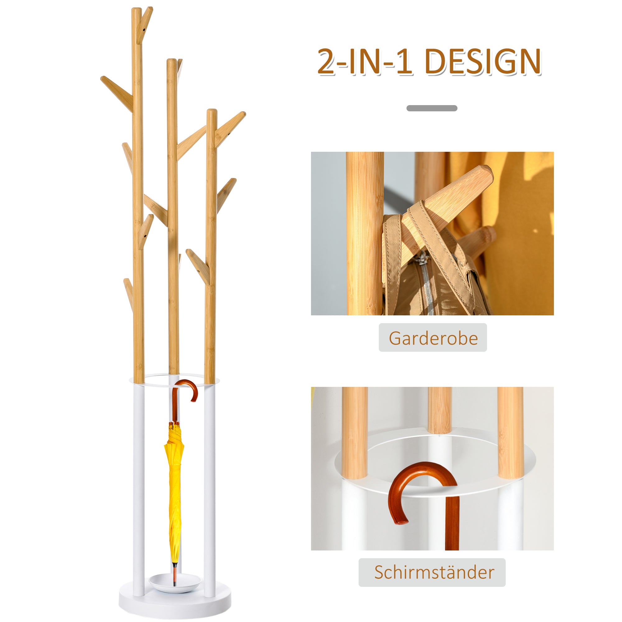 HOMCOM Garderobenständer, Kleiderständer mit 12 Haken und Schirmständer, Garderobe in Baumform, moderner Jackenständer für Kleidung, Hut, Tasche, für Wohnzimmer, Schlafzimmer, Bambus, Natur+Weiß
