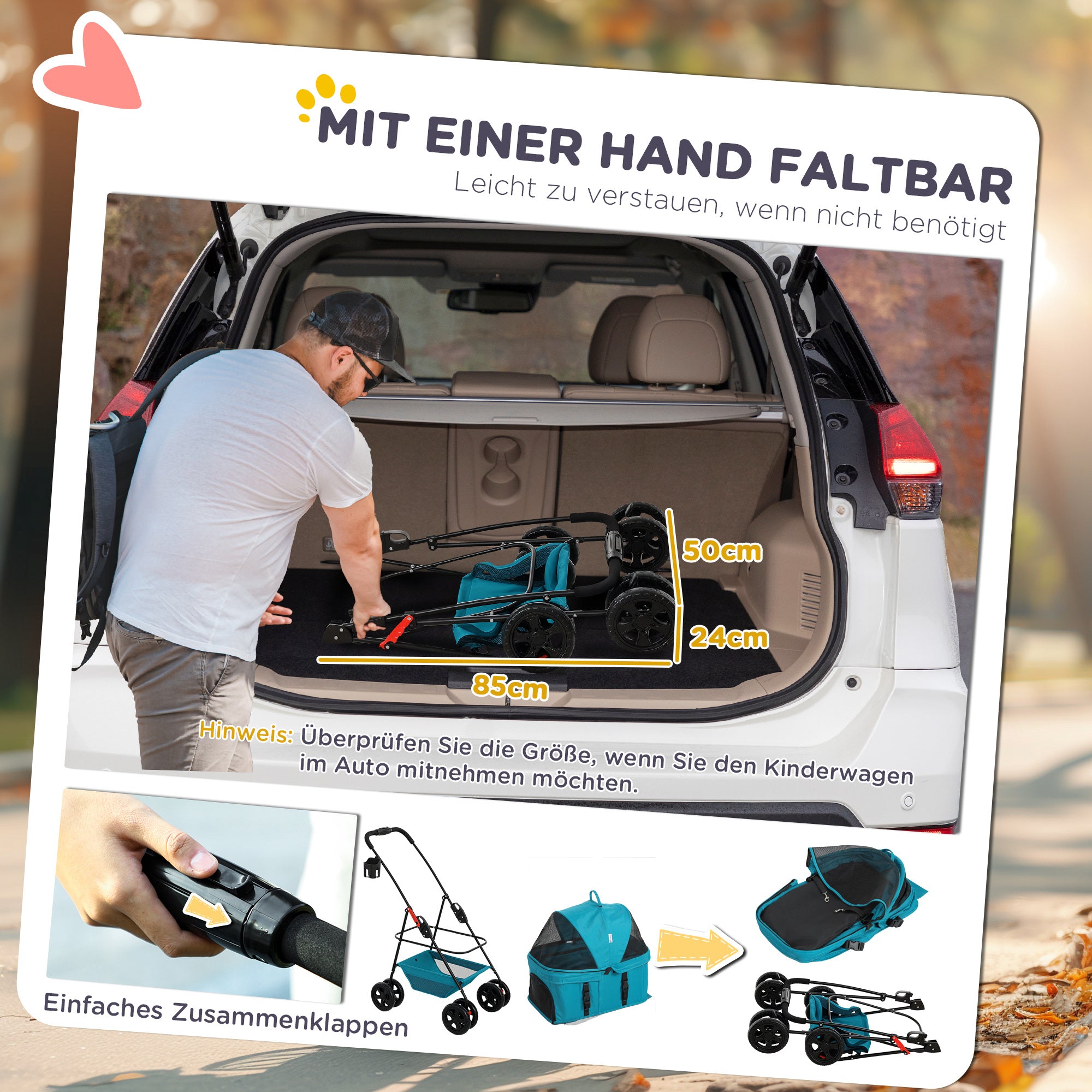 PawHut 3-in-1-Haustierkinderwagen, zusammenklappbarer Hundewagen mit 4 Rädern und abnehmbarer Trage für Hunde und Katzen Türkis