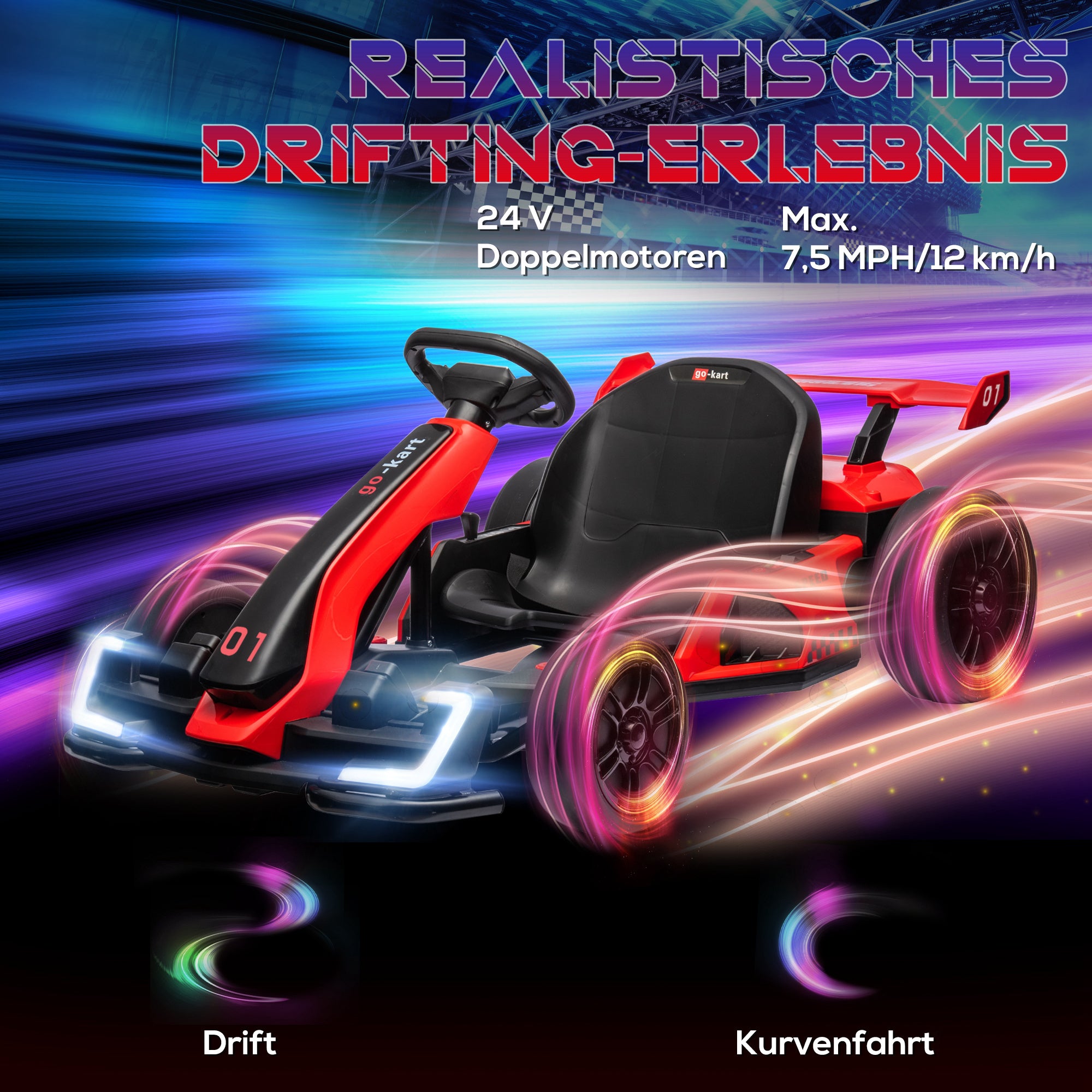 HOMCOM Go-Kart für Kinder, Elektro-Kart mit Hupe und Musikfunktion, verstellbarer Sitz, bis 12 km/h, Kunststoff, Metall, Rot