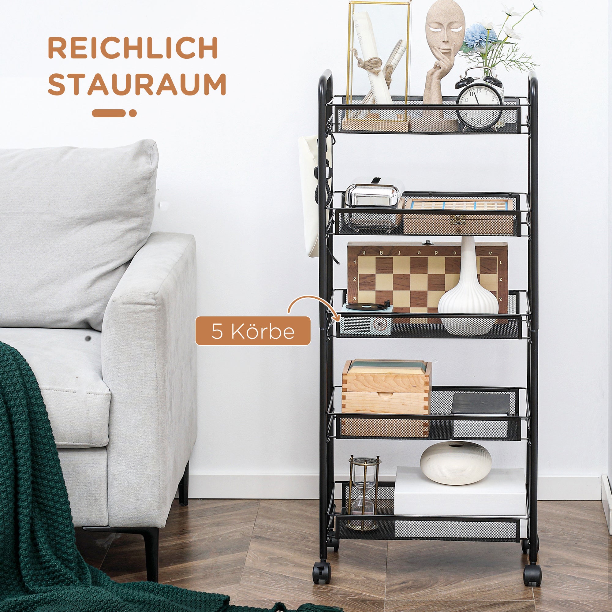 HOMCOM Küchenwagen mit 5 Drahtkörben, 4 Haken, 4 Rollen, 2 Griffe, Stahl/Kunststoff, 45x26,5x106 cm, Weiß