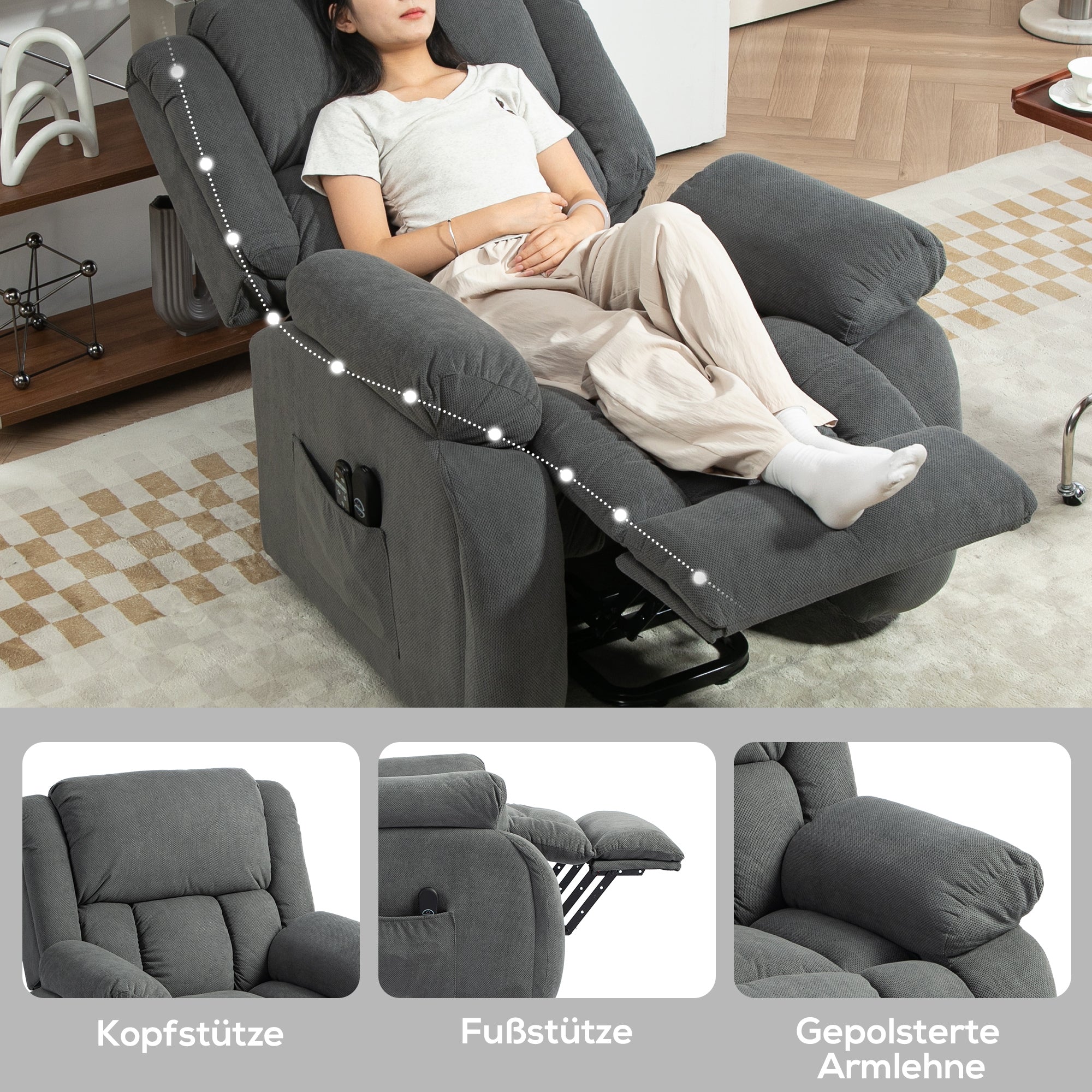 HOMCOM Fernsehsessel mit Massage- und Wärmefunktion, Elektrischer Aufsteh-Sessel, Fernbedienung, Seitentaschen, Grau