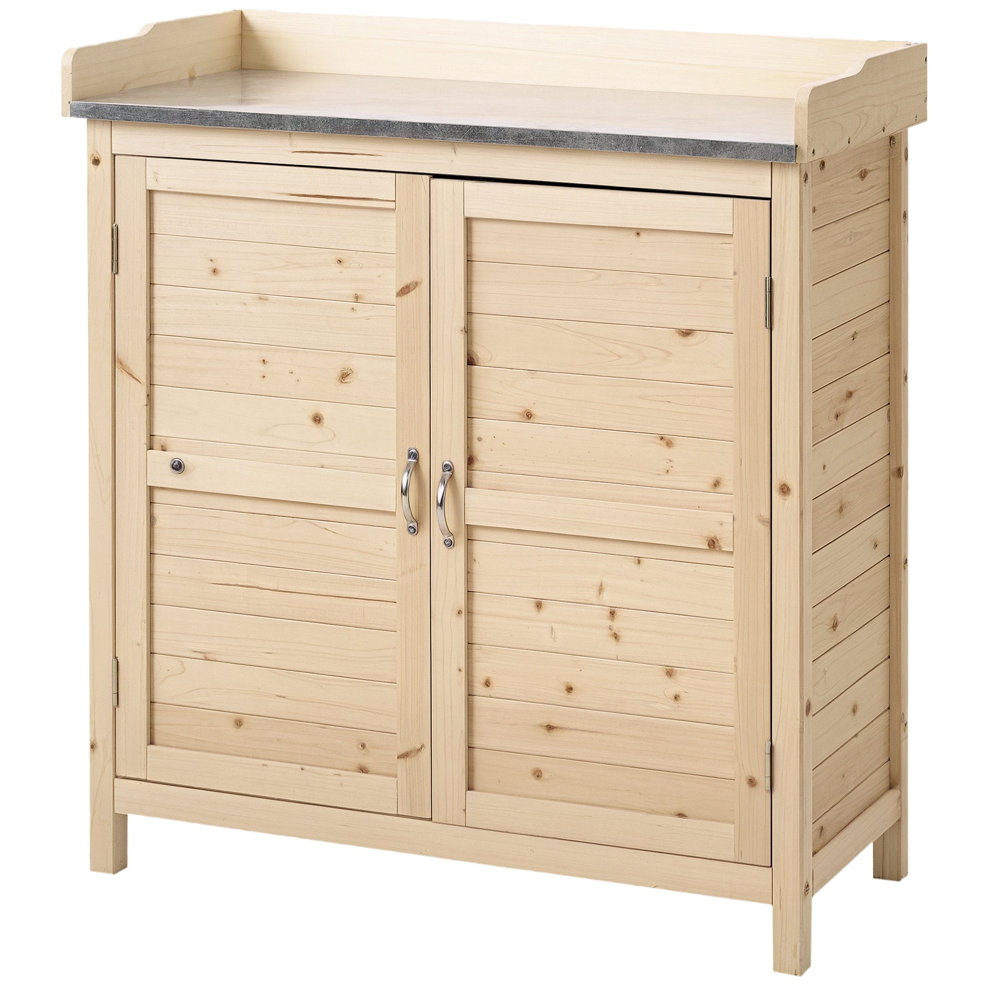 Outsunny Gartenschrank mit 2 Fächern, Metall-Arbeitsplatte mit Aufkantung, Naturholz, 83 x 40 x 92 cm