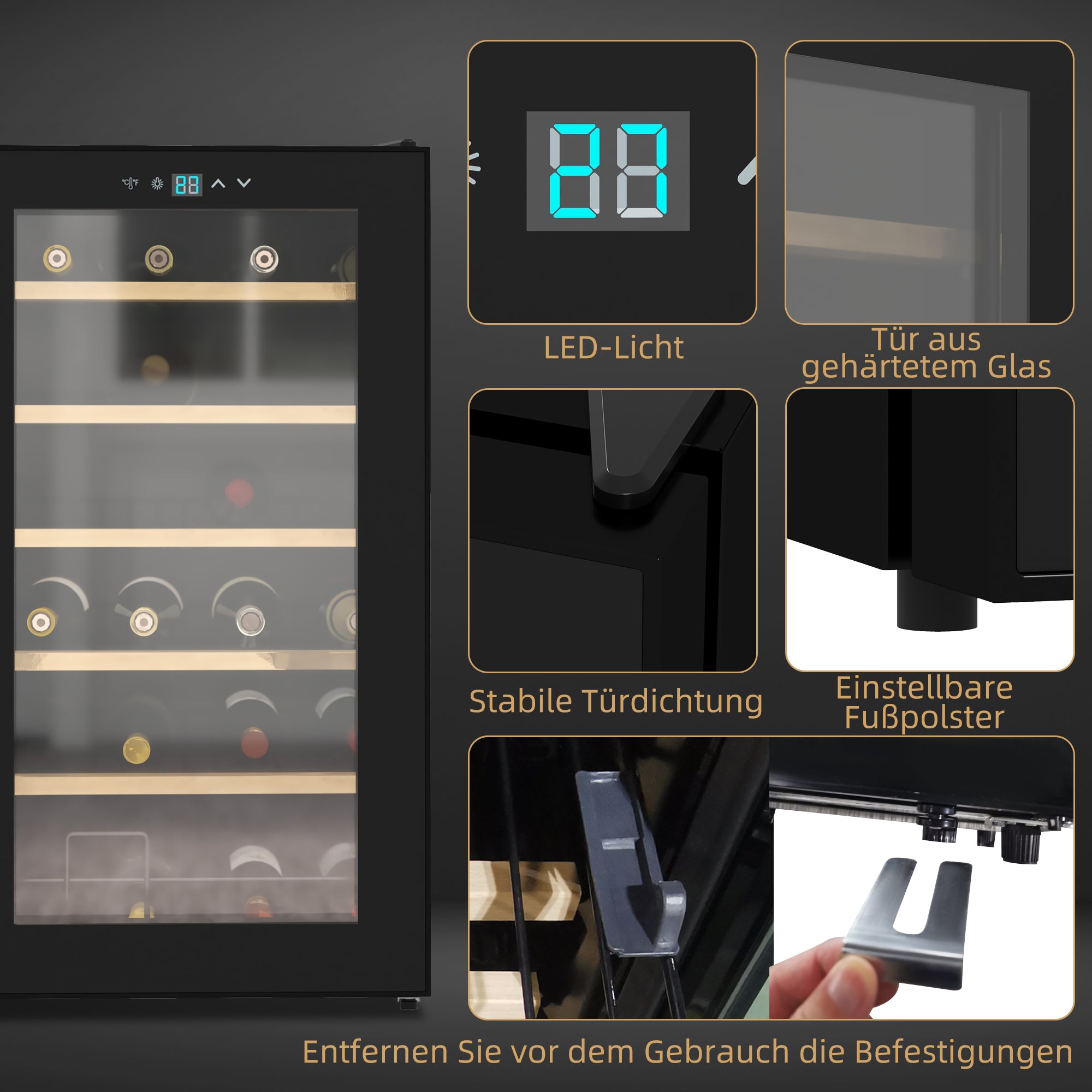 HOMCOM Weinkühlschrank klein Wohnzimmer für 24 Flaschen, einstellbare Temperatur 5 bis 20° C, LED-Beleuchtung, schwarz, 43 x 45 x 75 cm