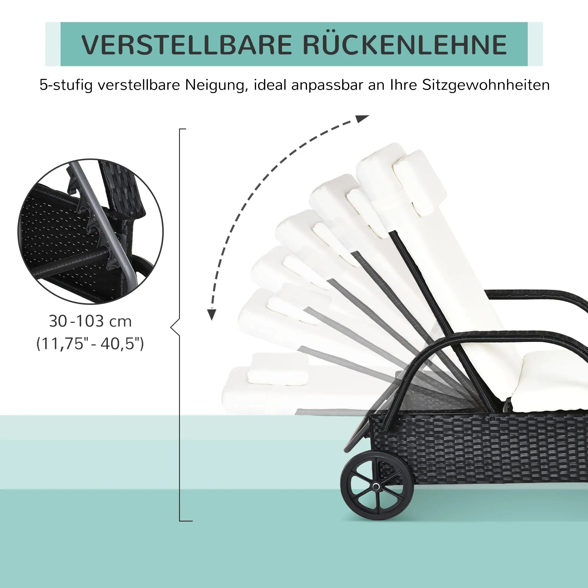 Outsunny Gartenliege Polyrattan mit Rollen 5-fach verstellbar