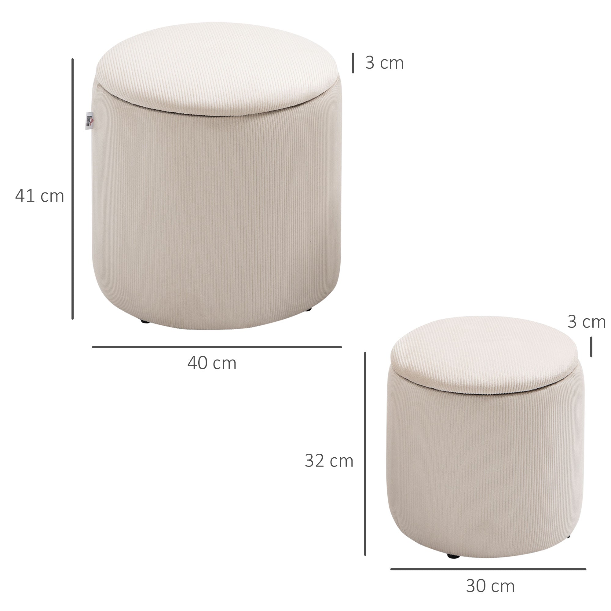 HOMCOM Hocker Ottomane, Zweier-Set, mit Stauraum, weiche Polsterung, Bezug in Cordoptik, Cremeweiß, 40 x 40 x 41cm