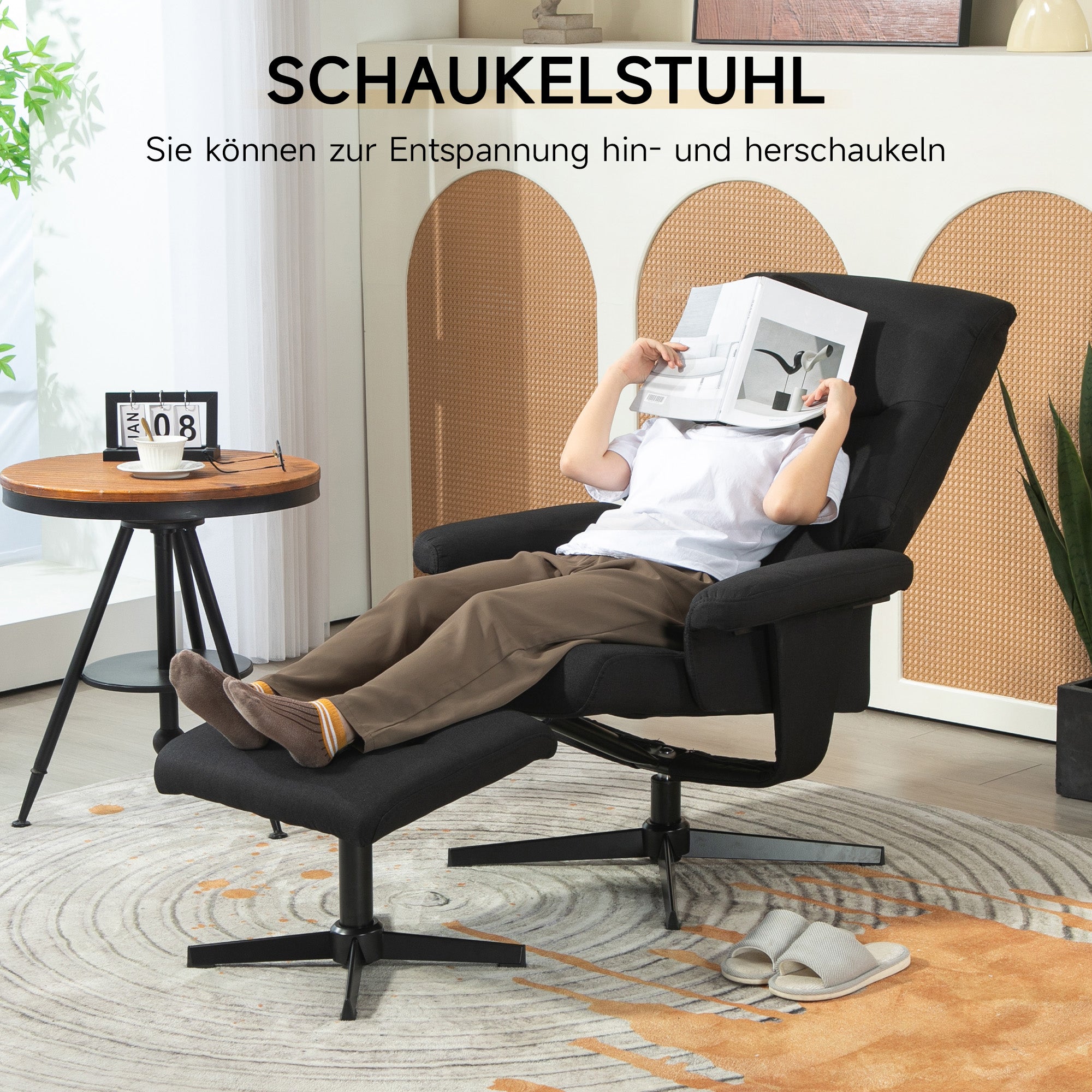 HOMCOM Liegesessel mit Hocker, drehbar, Wippfunktion, Samtoptik, bis 150 kg, Schwarz