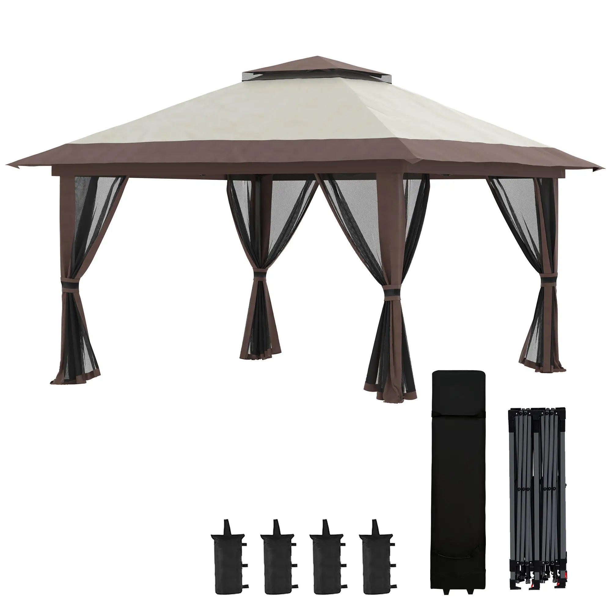 Outsunny Faltpavillon 4x4m UV-Schutz & Netzvorhänge Beige