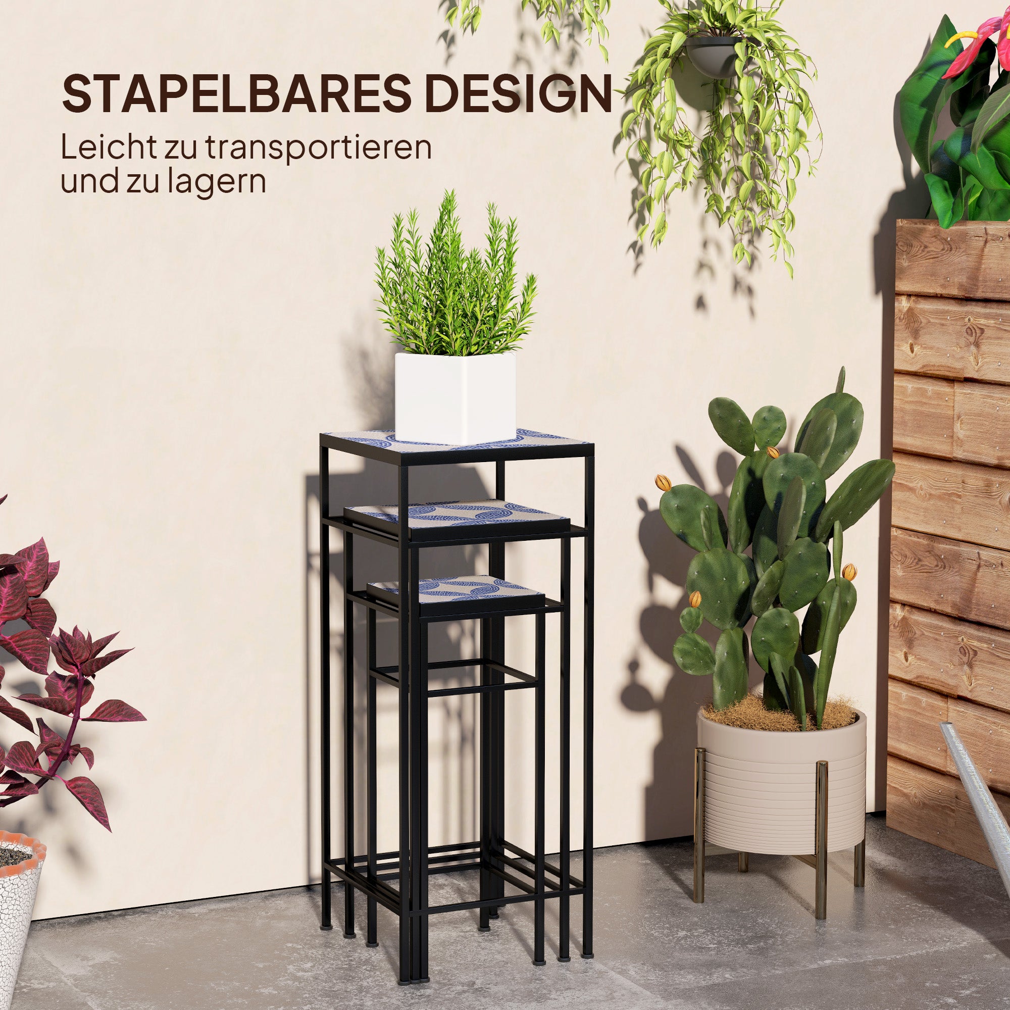 Outsunny 3er-Set Pflanzenständer, 3 verschieden große Gestelle zum Präsentieren von Blumen und anderen Gegenständen, Blau+Weiß