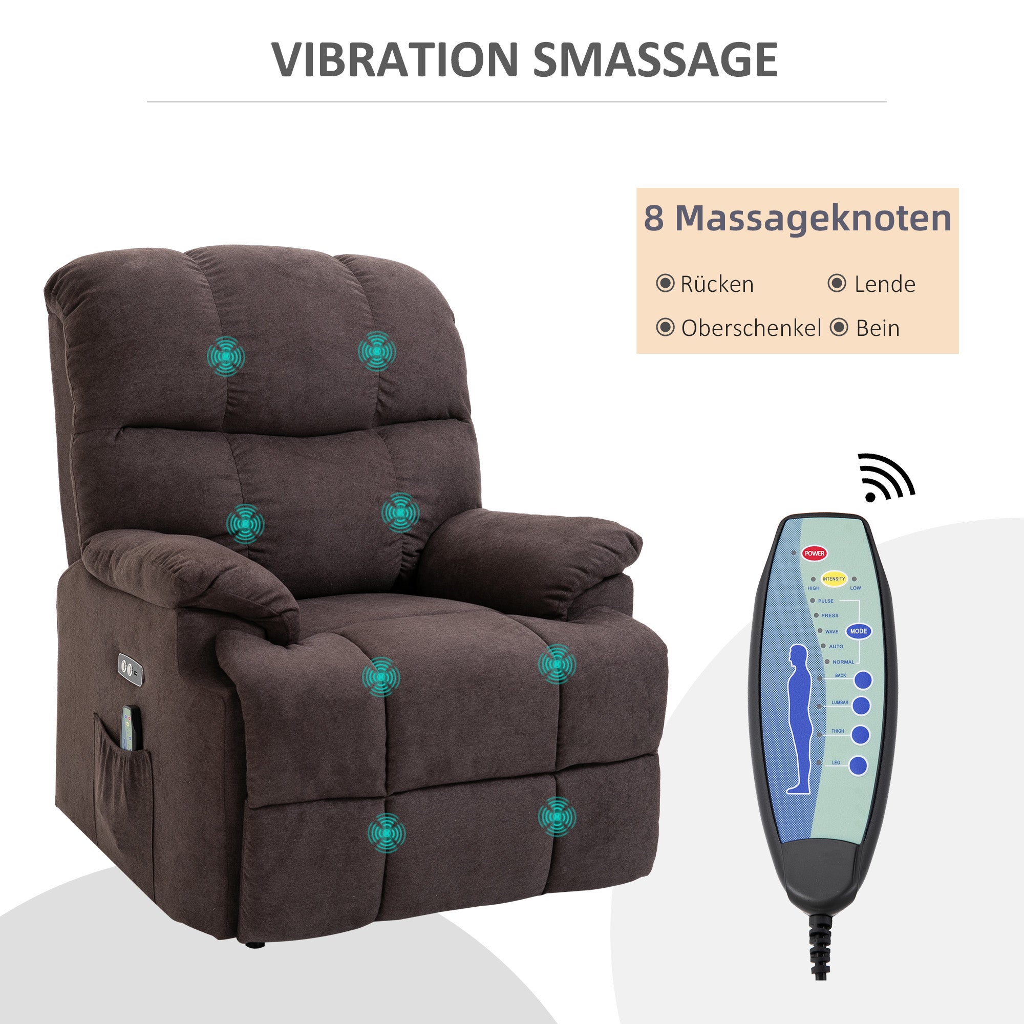 HOMCOM Massagesessel mit Aufstehhilfe, Relaxsessel mit Aufstehhilfe, inkl. Fernbedienung, USB-Schnittstelle, Braun