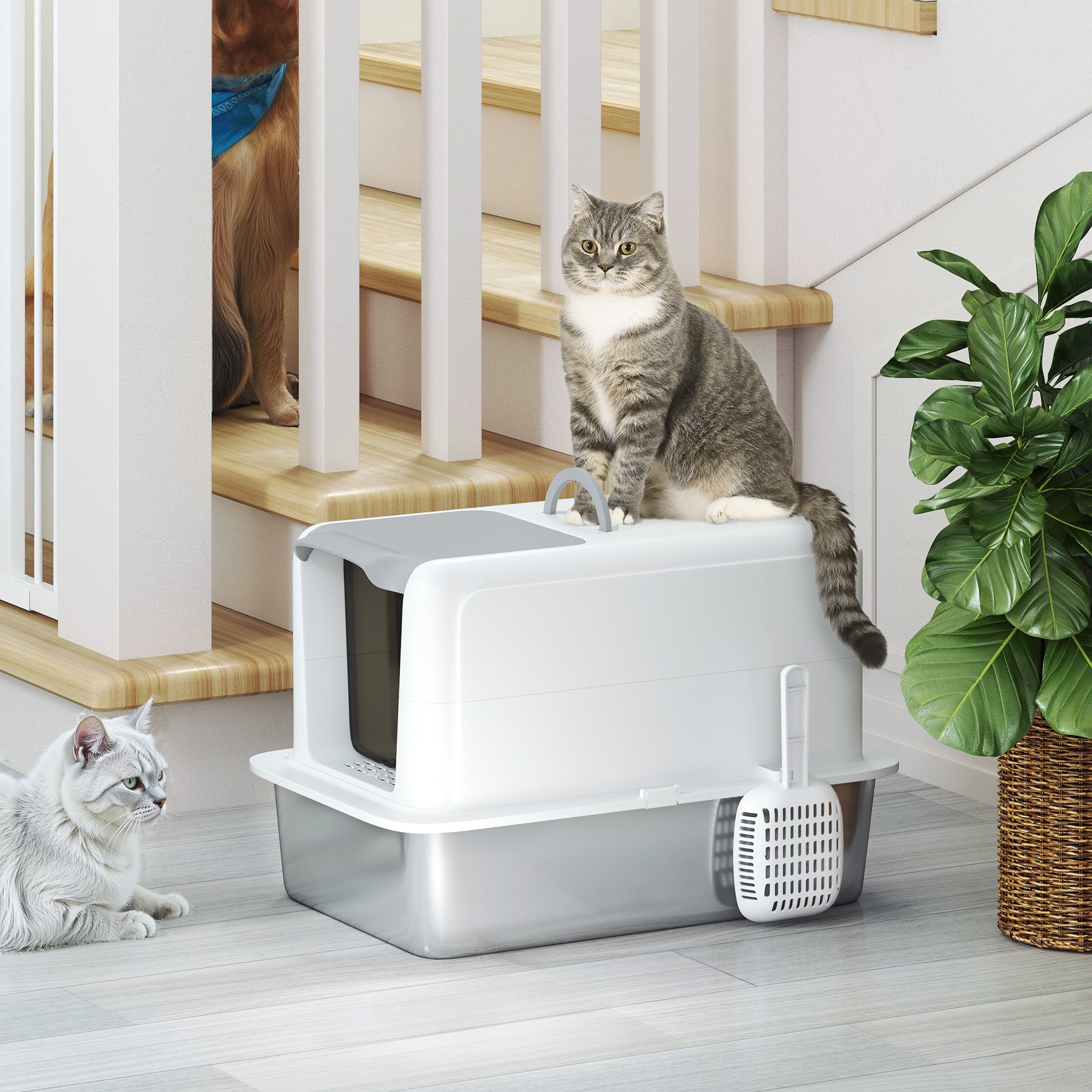 PawHut Katzentoilette, Wanne aus Edelstahl, Filter, Schaufel, für Katzen bis 6 kg, 40,5 x 60,5 x 41,5 cm, Weiß/Silber