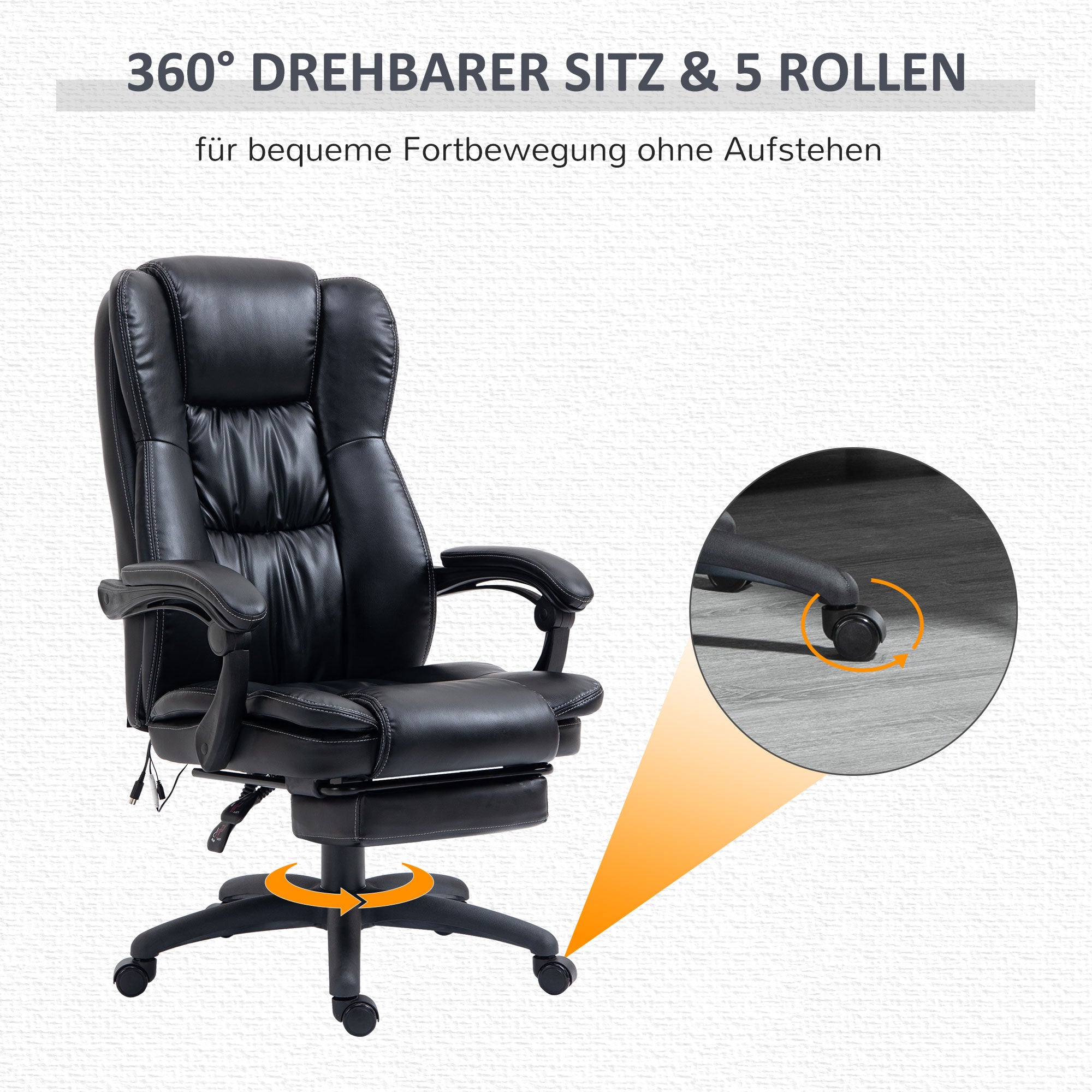 Vinsetto Verstellbarer Drehstuhl mit Fußstütze, Kopfstütze, Massagefunktion, Kunstleder, 68,5x68,5x113-121cm, Schwarz