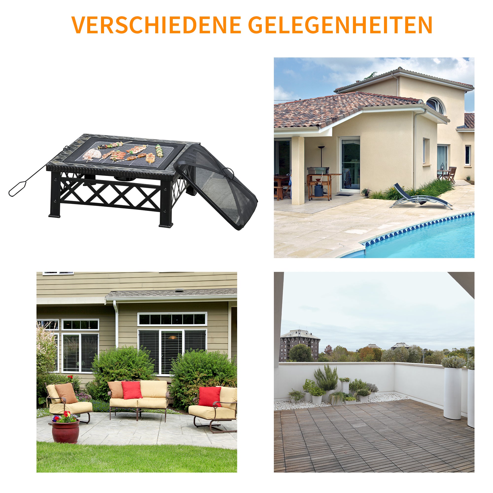 Outsunny 3-in-1 Feuerschale Feuerkorb Feuerstelle mit Funkenschutz Grillrost Eiskübel Garten BBQ Schwarz 76cm x 76cm x 47cm